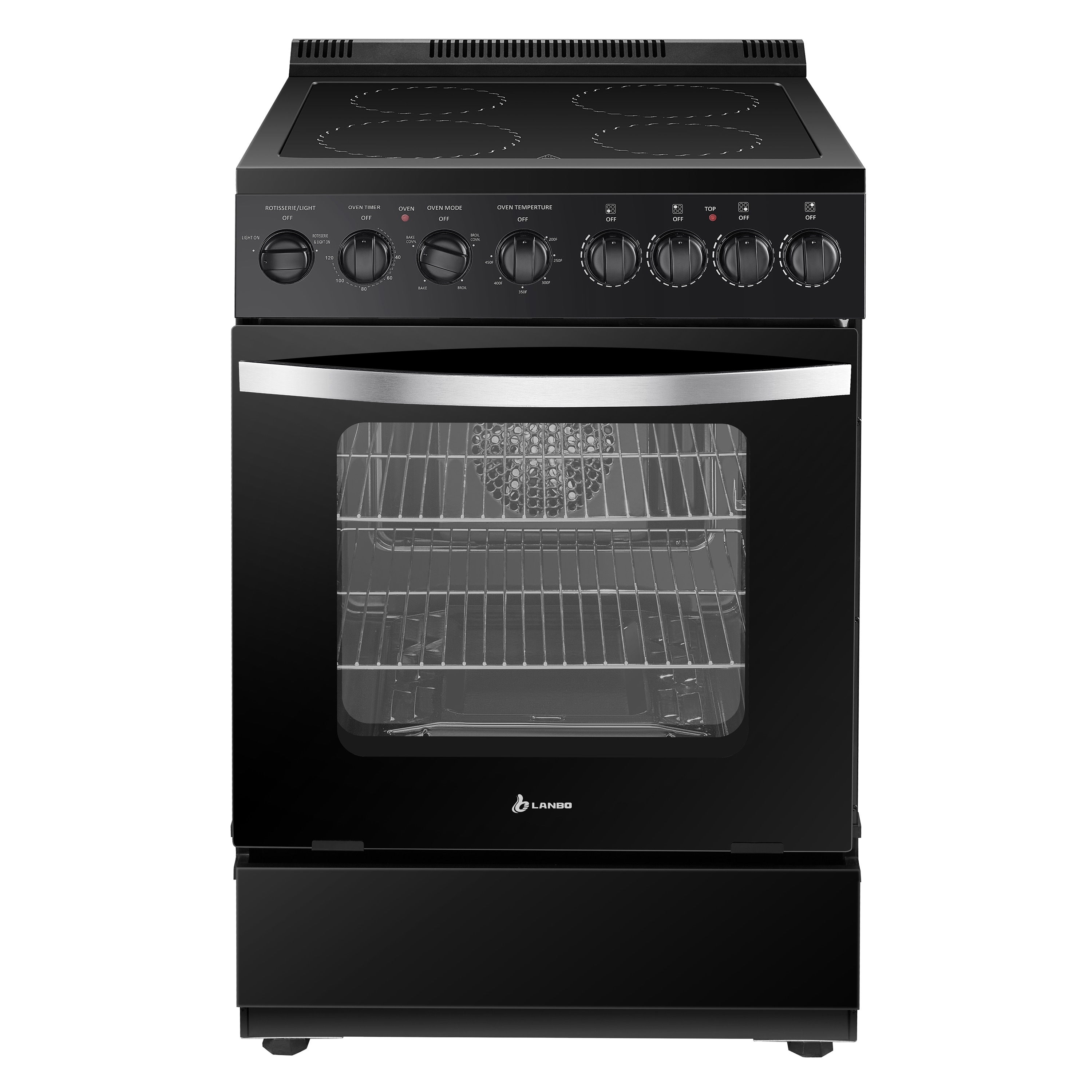 Estufa eléctrica independiente con horno de convección de 2.9 pies cúbicos y 4 quemadores en la parte superior de vidrio de 24 pulgadas en color negro.