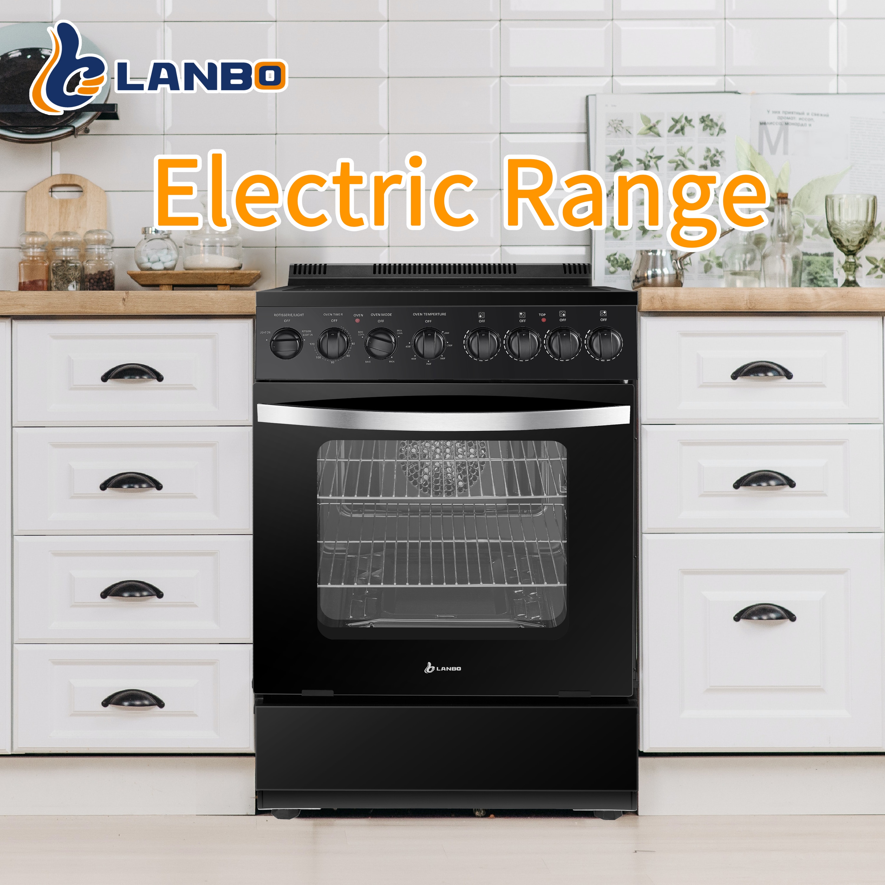 Estufa eléctrica independiente con horno de convección de 2.9 pies cúbicos y 4 quemadores en la parte superior de vidrio de 24 pulgadas en color negro.