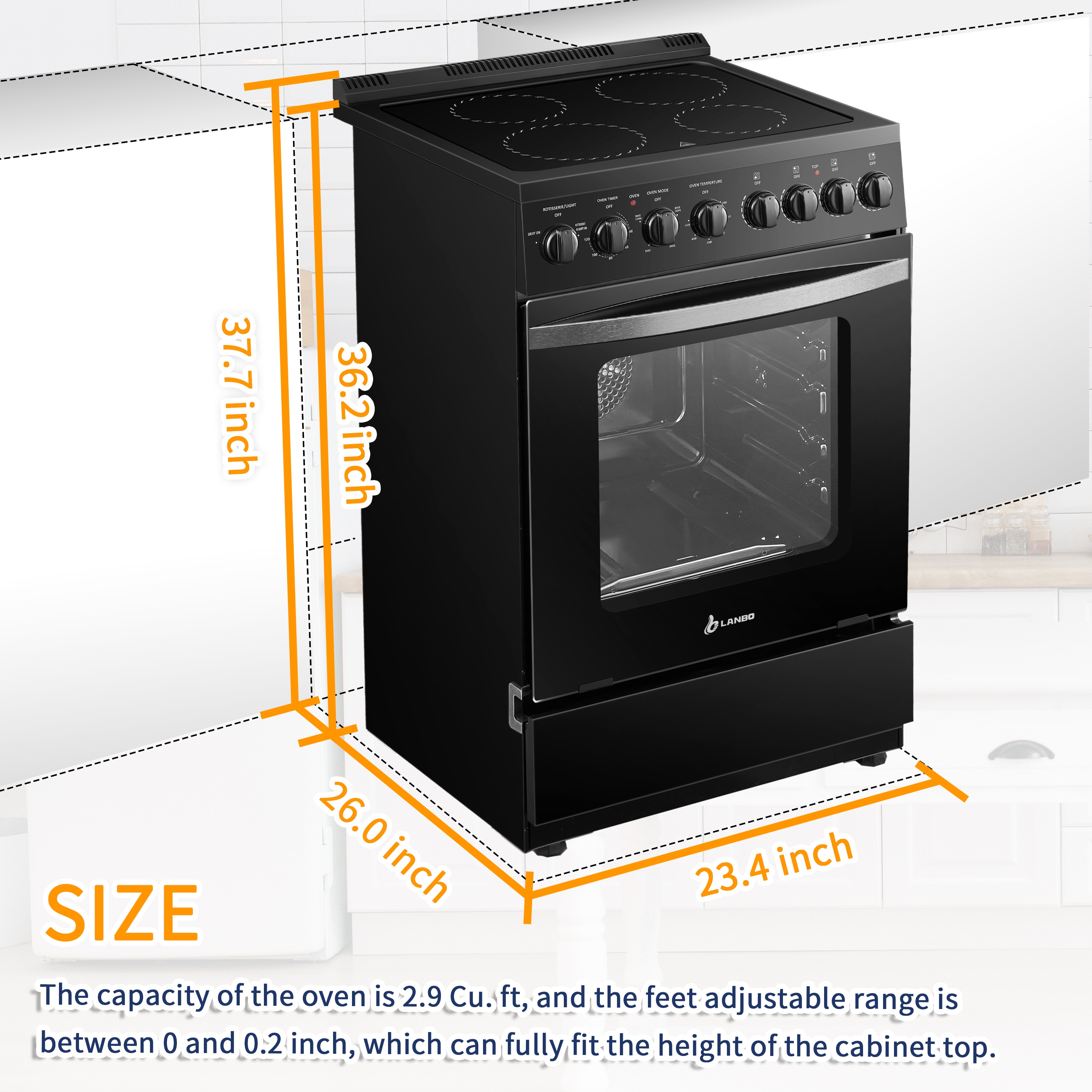 Estufa eléctrica independiente con horno de convección de 2.9 pies cúbicos y 4 quemadores en la parte superior de vidrio de 24 pulgadas en color negro.