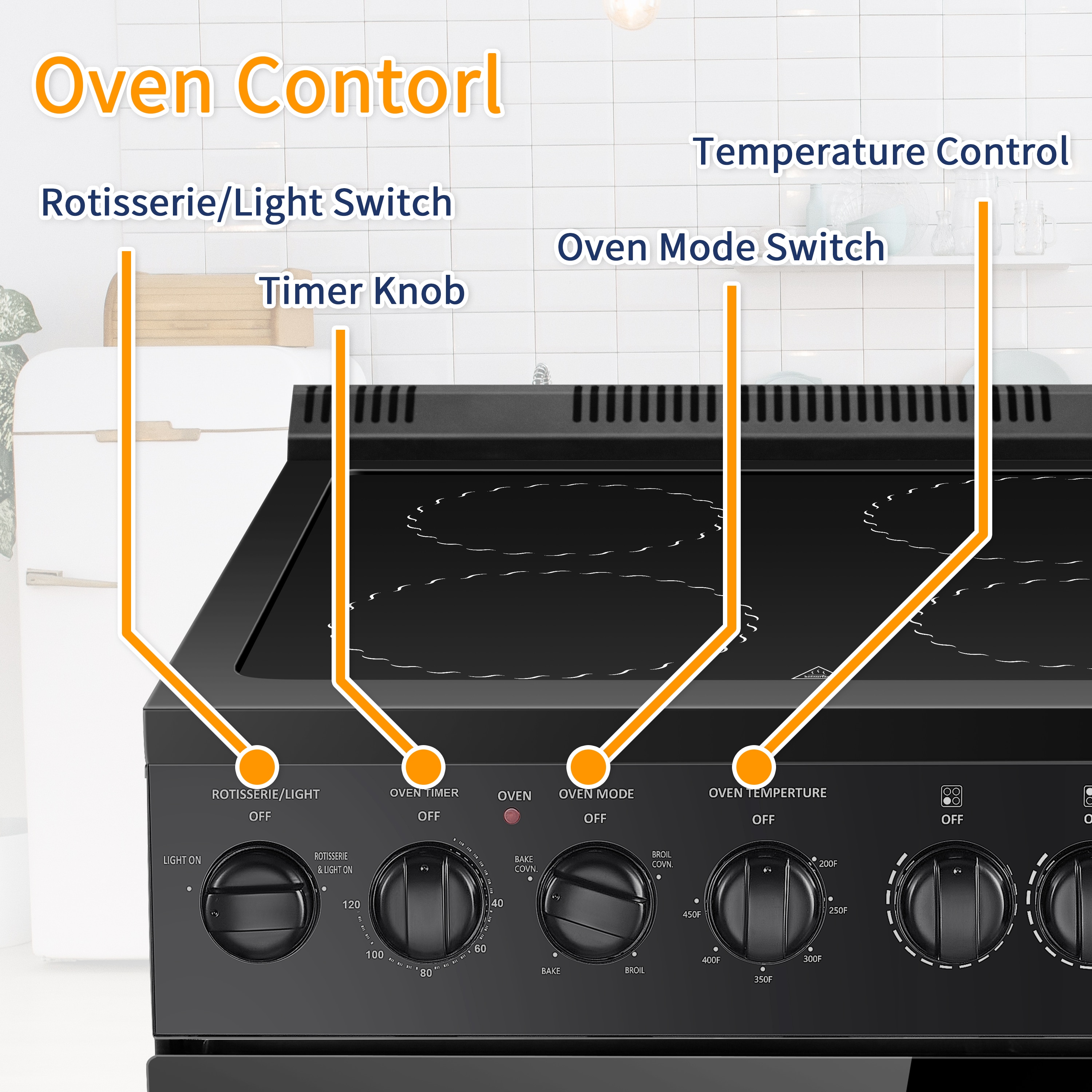 Estufa eléctrica independiente con horno de convección de 2.9 pies cúbicos y 4 quemadores en la parte superior de vidrio de 24 pulgadas en color negro.