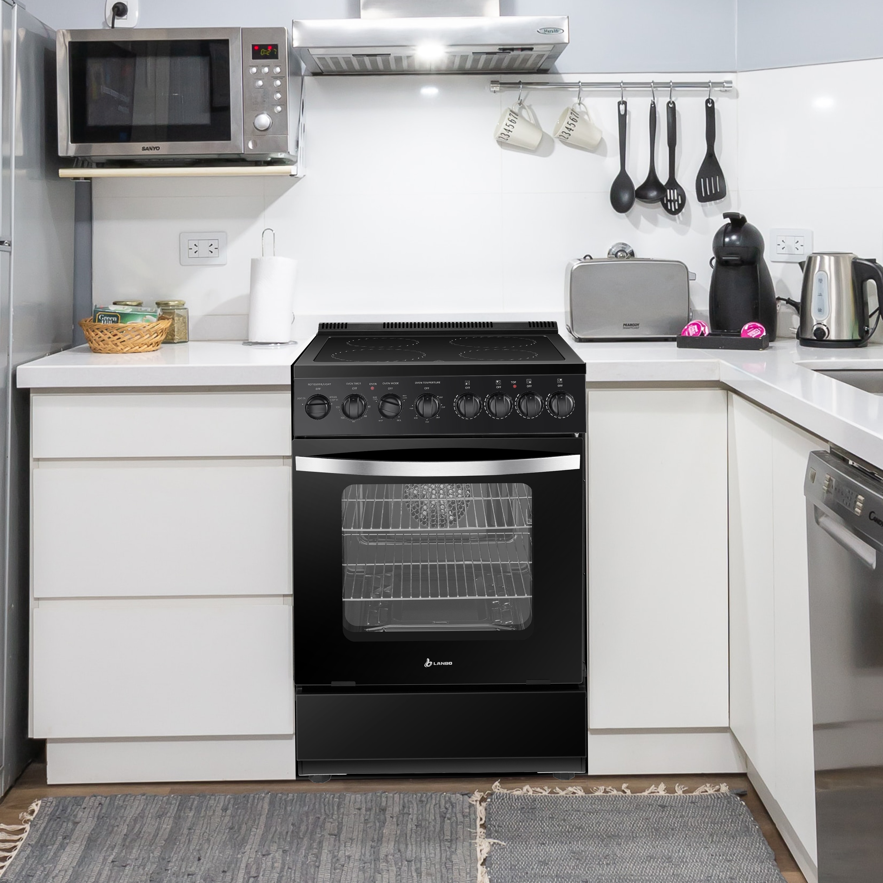 Estufa eléctrica independiente con horno de convección de 2.9 pies cúbicos y 4 quemadores en la parte superior de vidrio de 24 pulgadas en color negro.