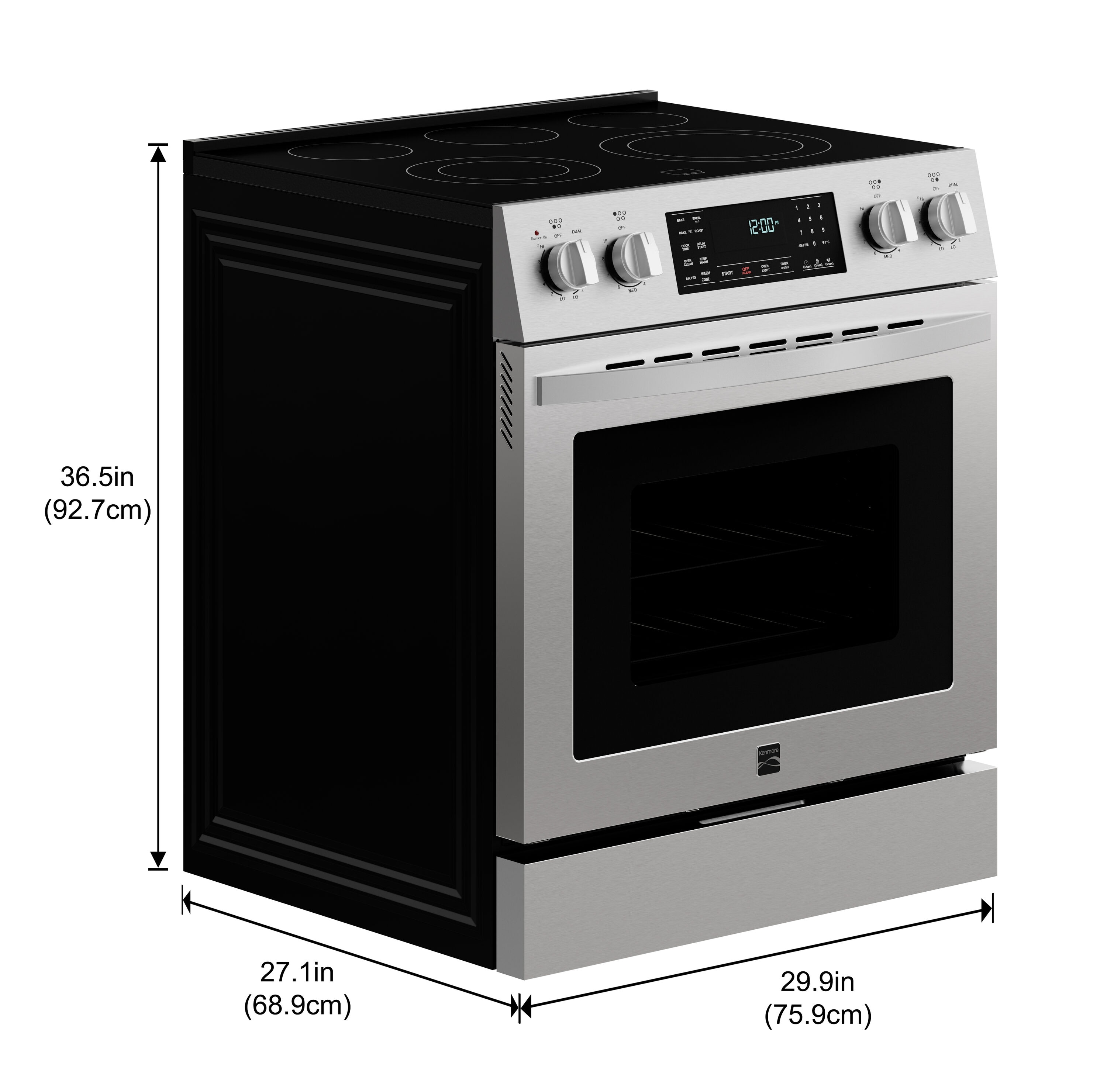 Estufa Eléctrica Independiente de Acero Inoxidable con 5 Quemadores y Horno de Convección con Freidora de Aire de 4.8 pies cúbicos y Cubierta de Vidrio de 30 pulgadas de Kenmore