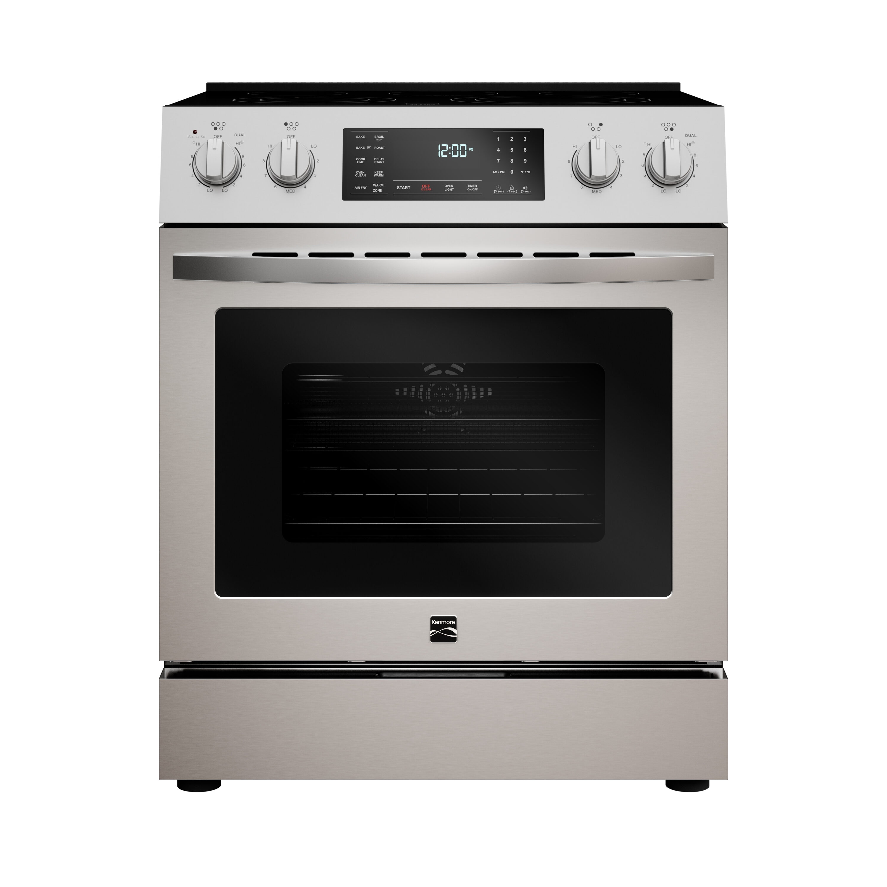 Estufa Eléctrica Independiente de Acero Inoxidable con 5 Quemadores y Horno de Convección con Freidora de Aire de 4.8 pies cúbicos y Cubierta de Vidrio de 30 pulgadas de Kenmore
