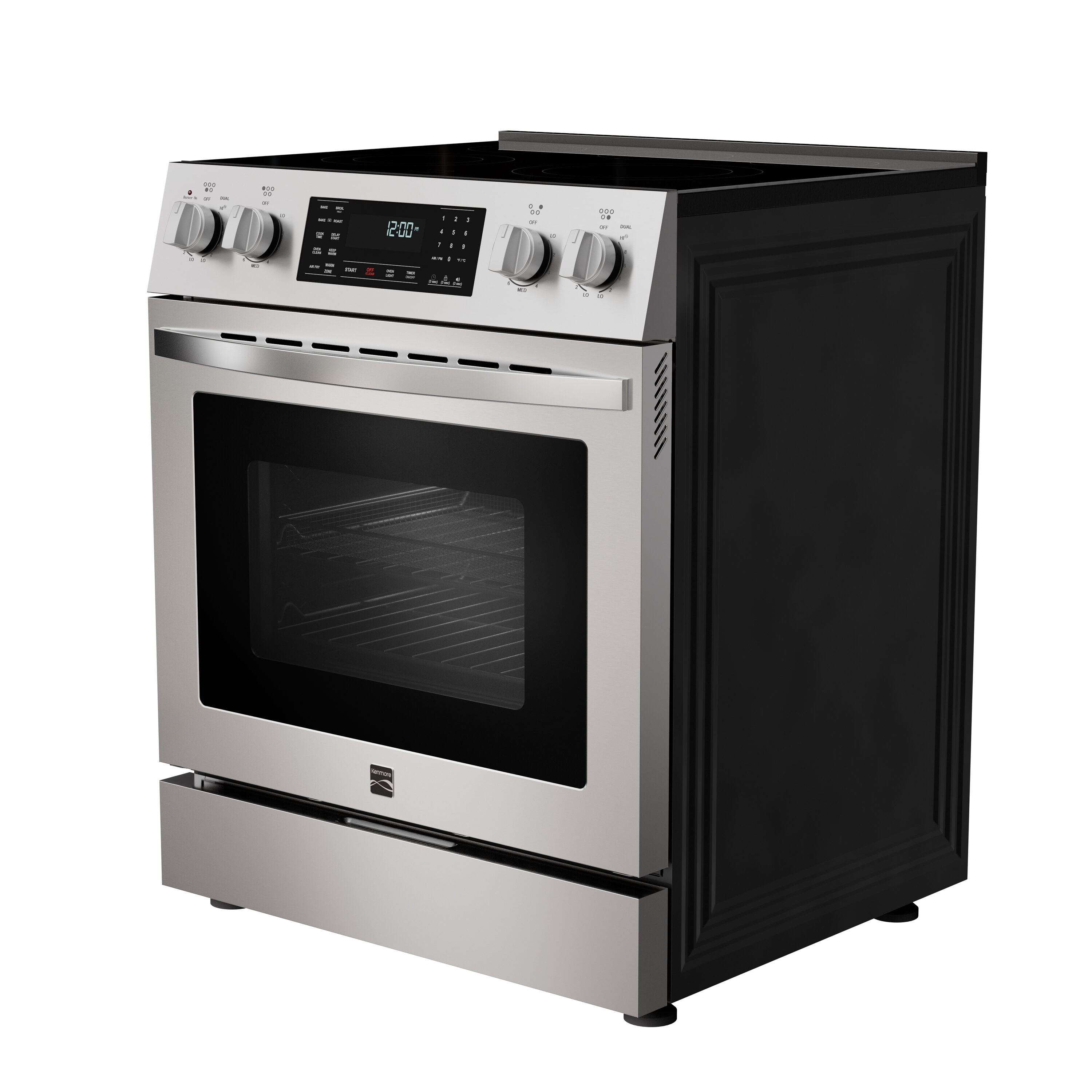 Estufa Eléctrica Independiente de Acero Inoxidable con 5 Quemadores y Horno de Convección con Freidora de Aire de 4.8 pies cúbicos y Cubierta de Vidrio de 30 pulgadas de Kenmore
