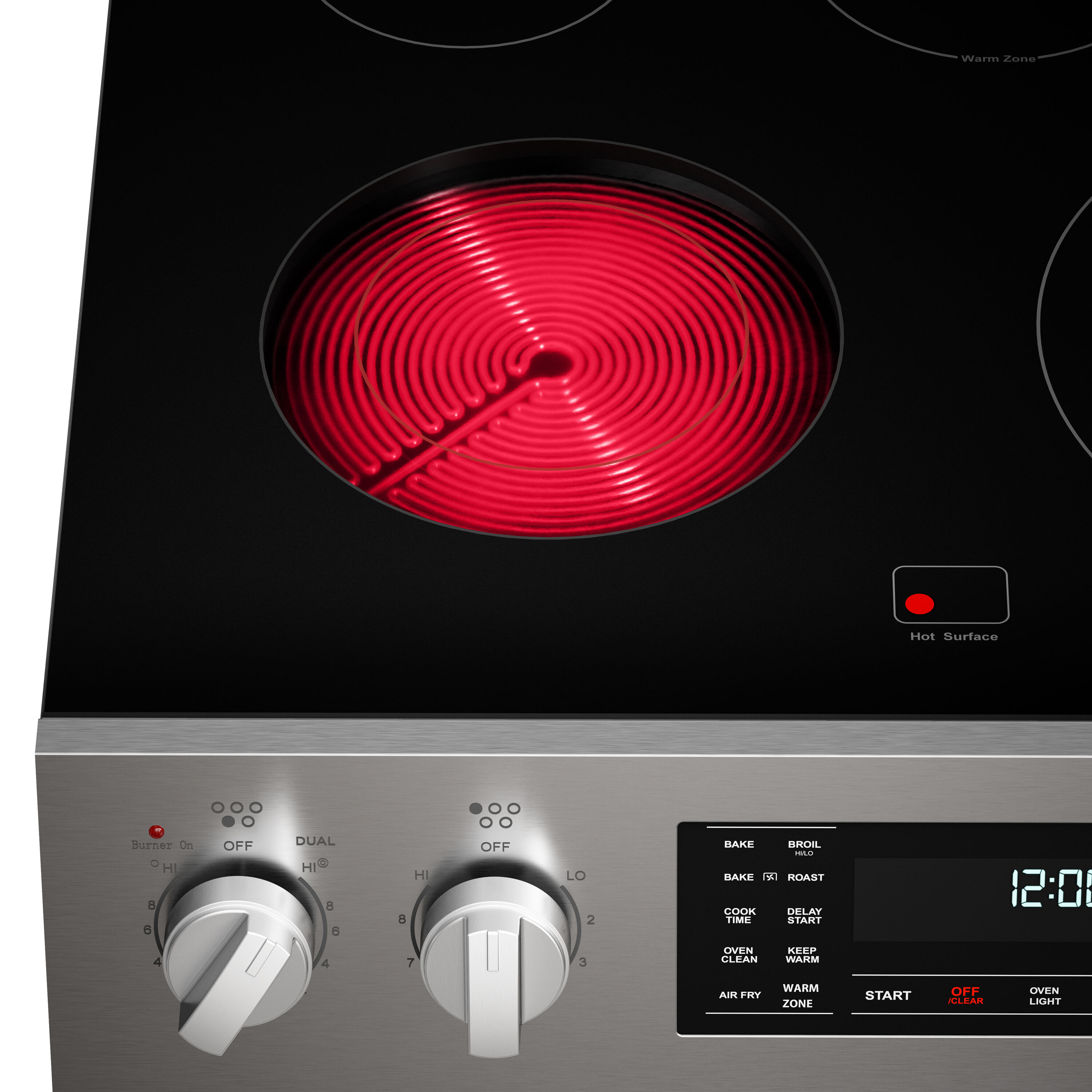 Estufa Eléctrica Independiente de Acero Inoxidable con 5 Quemadores y Horno de Convección con Freidora de Aire de 4.8 pies cúbicos y Cubierta de Vidrio de 30 pulgadas de Kenmore