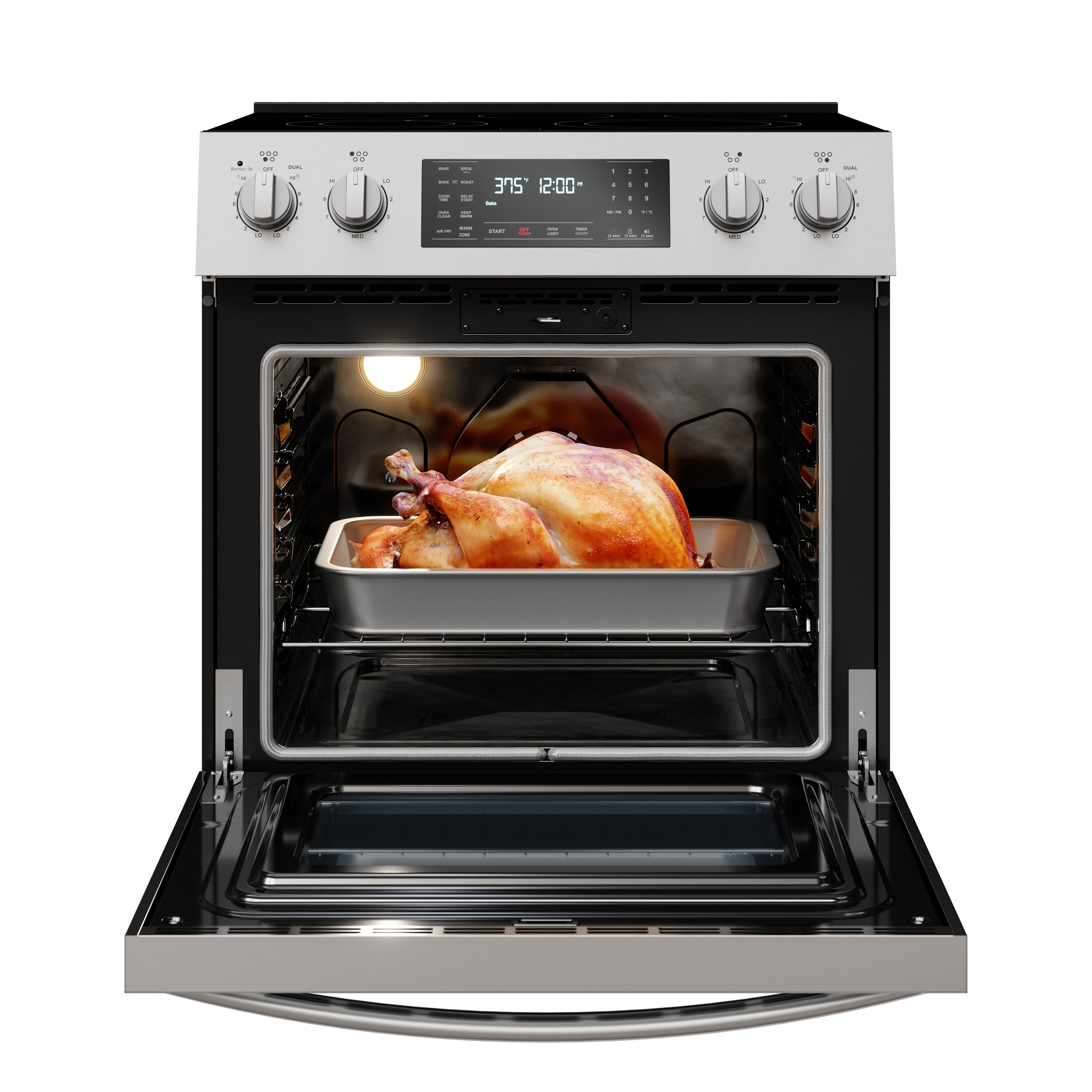 Estufa Eléctrica Independiente de Acero Inoxidable con 5 Quemadores y Horno de Convección con Freidora de Aire de 4.8 pies cúbicos y Cubierta de Vidrio de 30 pulgadas de Kenmore