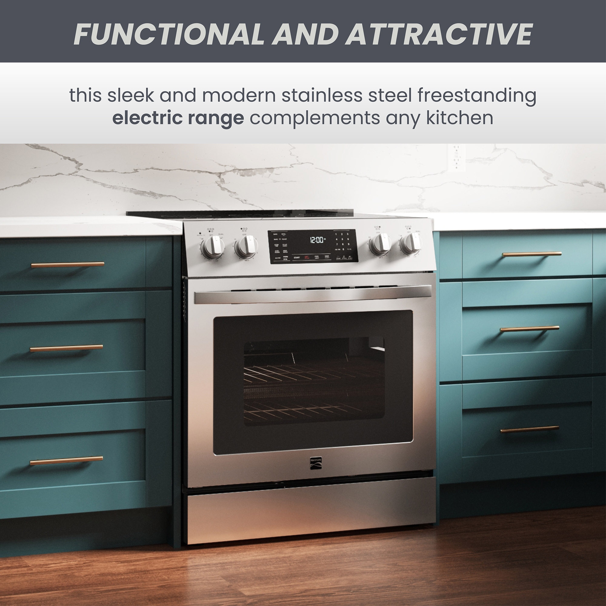 Estufa Eléctrica Independiente de Acero Inoxidable con 5 Quemadores y Horno de Convección con Freidora de Aire de 4.8 pies cúbicos y Cubierta de Vidrio de 30 pulgadas de Kenmore