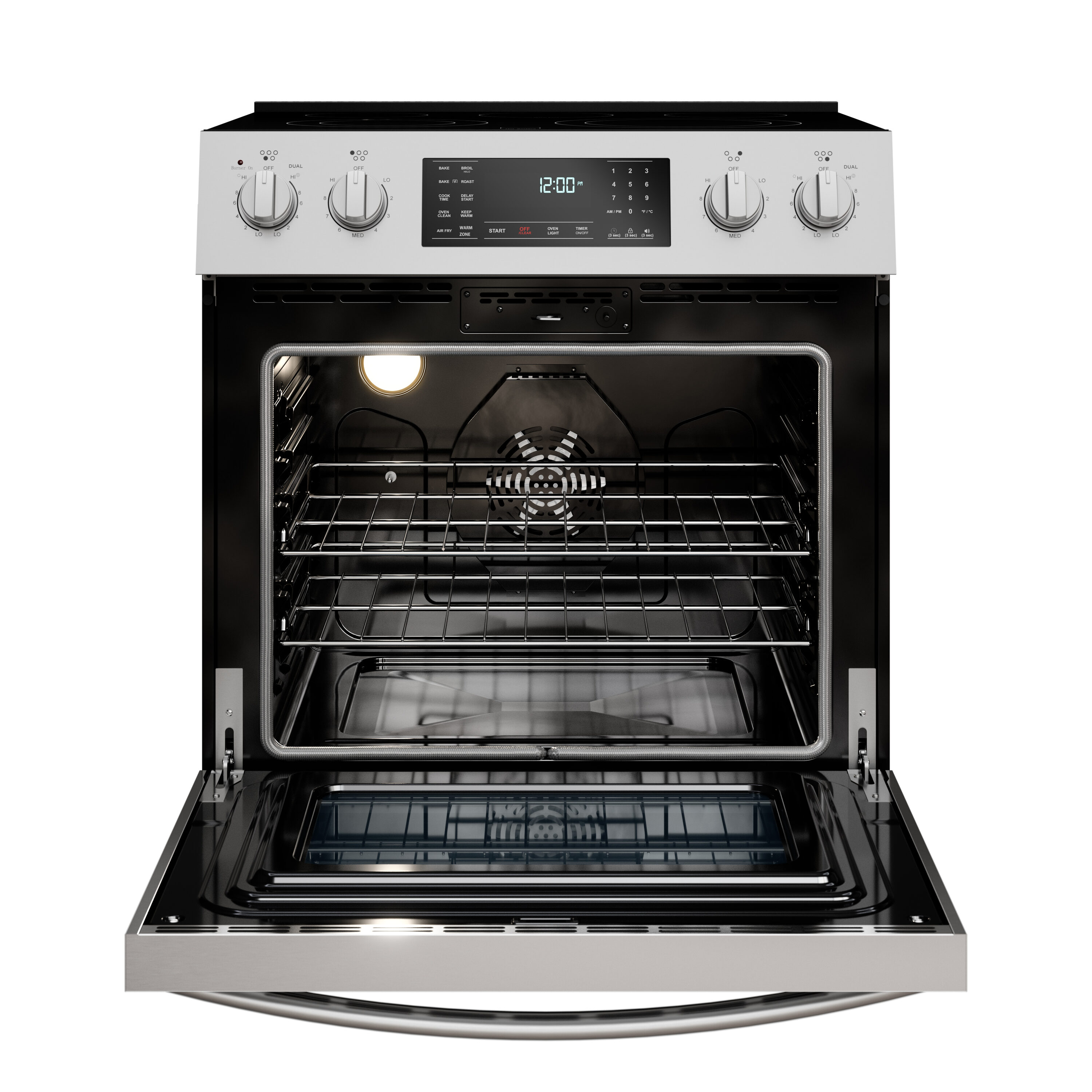 Estufa Eléctrica Independiente de Acero Inoxidable con 5 Quemadores y Horno de Convección con Freidora de Aire de 4.8 pies cúbicos y Cubierta de Vidrio de 30 pulgadas de Kenmore