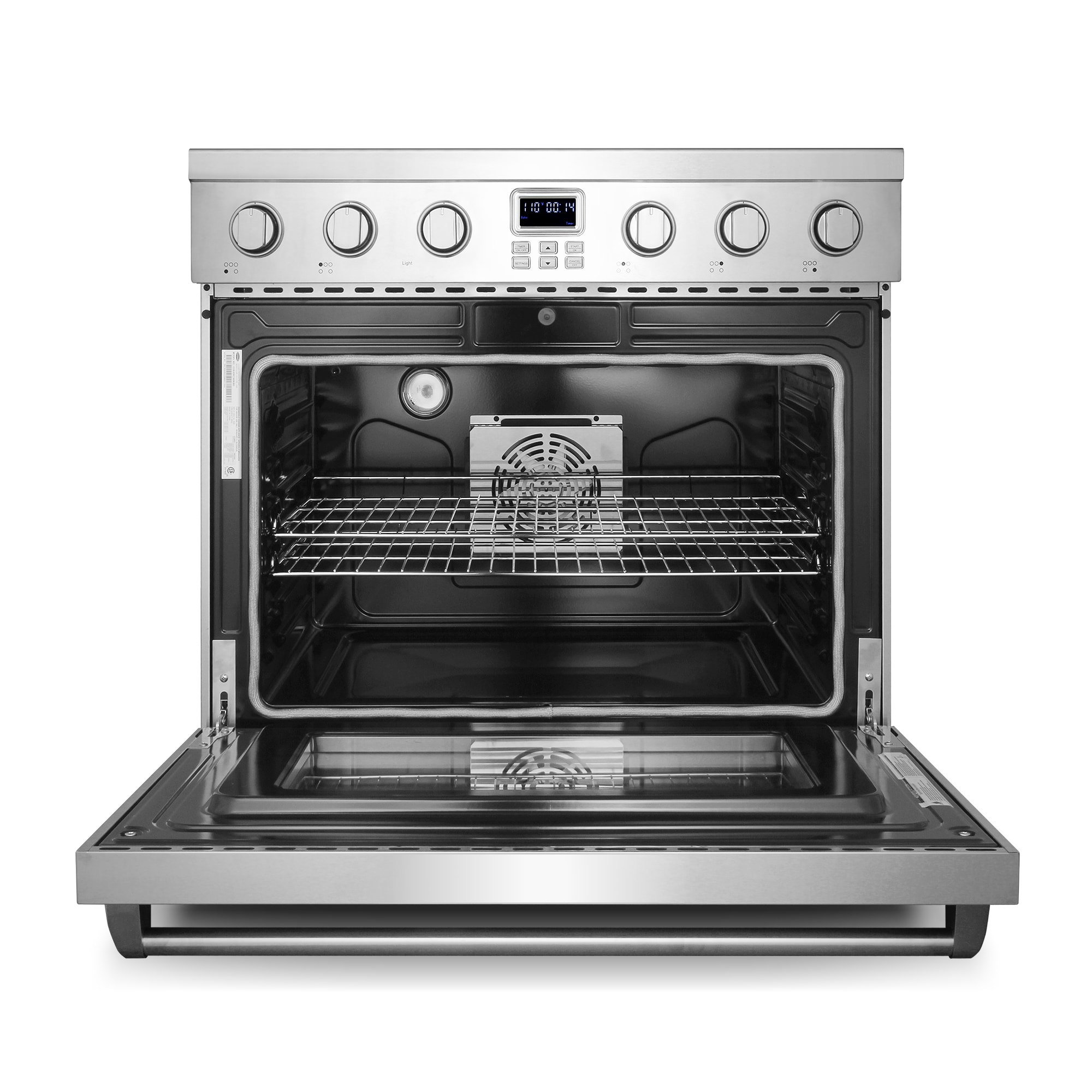 Estufa eléctrica independiente con horno de convección de 6 pies cúbicos, 5 quemadores y tapa de vidrio de 36 pulgadas (acero inoxidable)