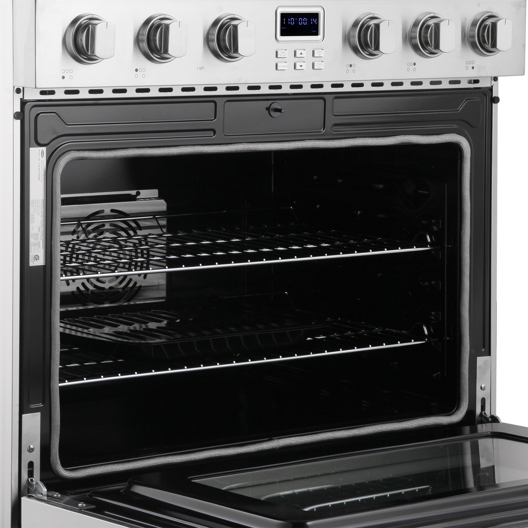 Estufa eléctrica independiente con horno de convección de 6 pies cúbicos, 5 quemadores y tapa de vidrio de 36 pulgadas (acero inoxidable)
