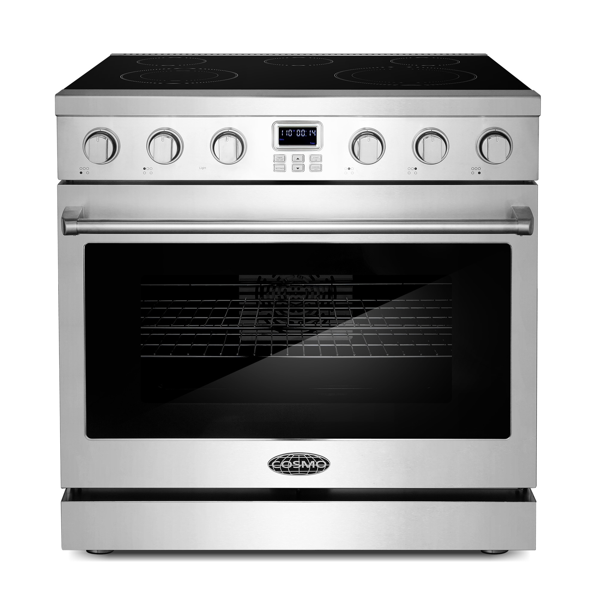 Estufa eléctrica independiente con horno de convección de 6 pies cúbicos, 5 quemadores y tapa de vidrio de 36 pulgadas (acero inoxidable)
