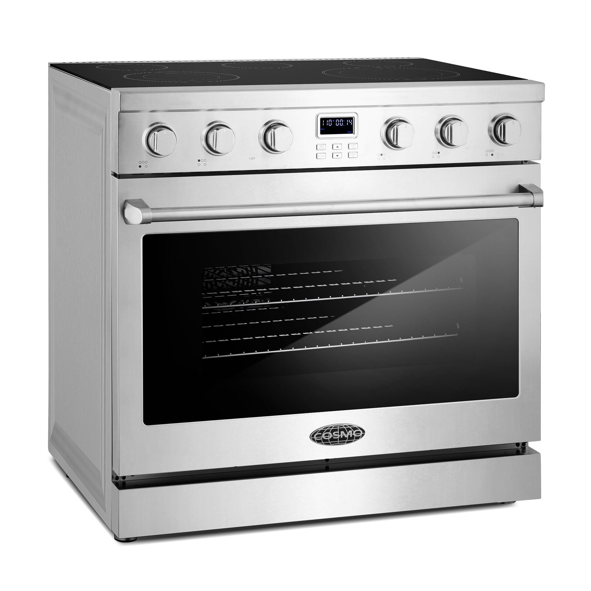 Estufa eléctrica independiente con horno de convección de 6 pies cúbicos, 5 quemadores y tapa de vidrio de 36 pulgadas (acero inoxidable)