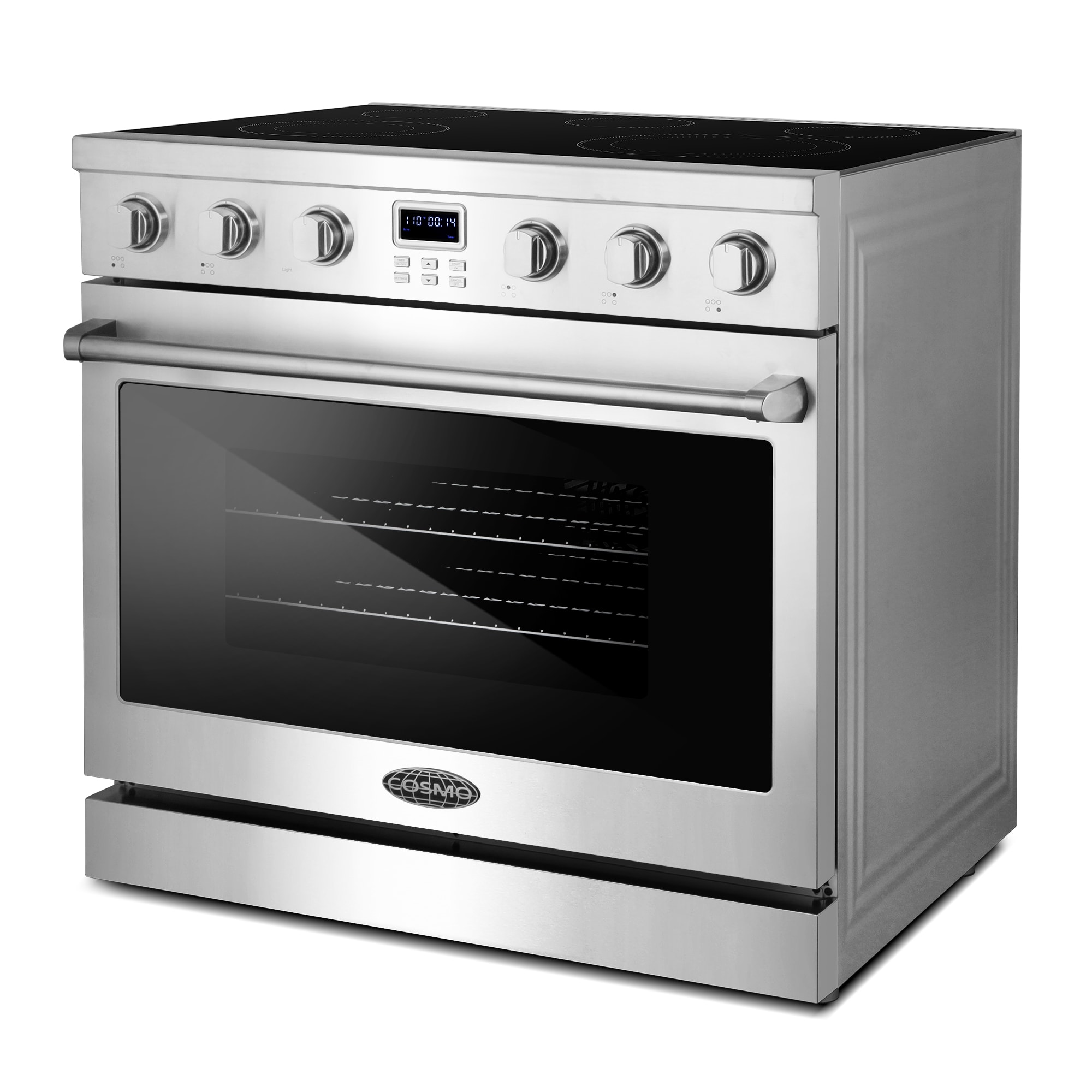 Estufa eléctrica independiente con horno de convección de 6 pies cúbicos, 5 quemadores y tapa de vidrio de 36 pulgadas (acero inoxidable)