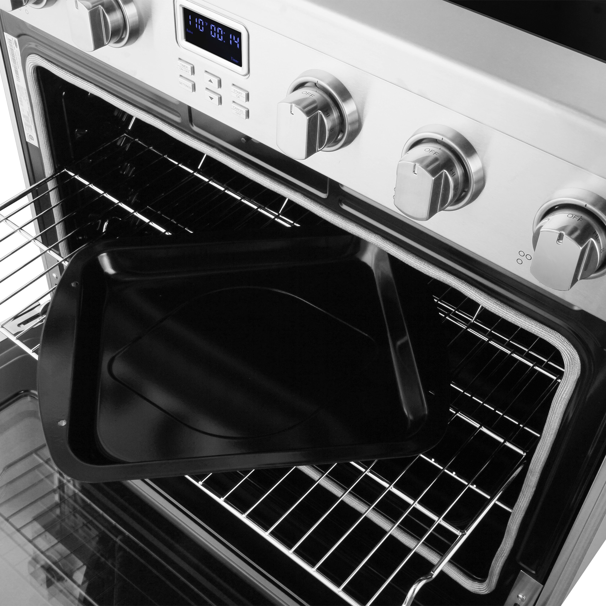 Estufa eléctrica independiente con horno de convección de 6 pies cúbicos, 5 quemadores y tapa de vidrio de 36 pulgadas (acero inoxidable)