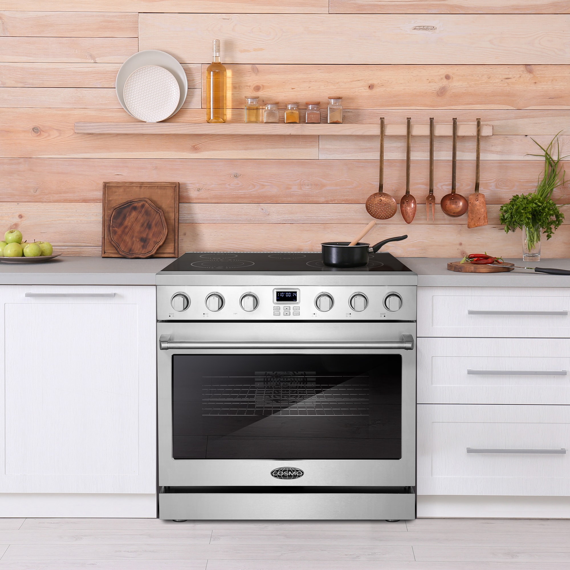 Estufa eléctrica independiente con horno de convección de 6 pies cúbicos, 5 quemadores y tapa de vidrio de 36 pulgadas (acero inoxidable)