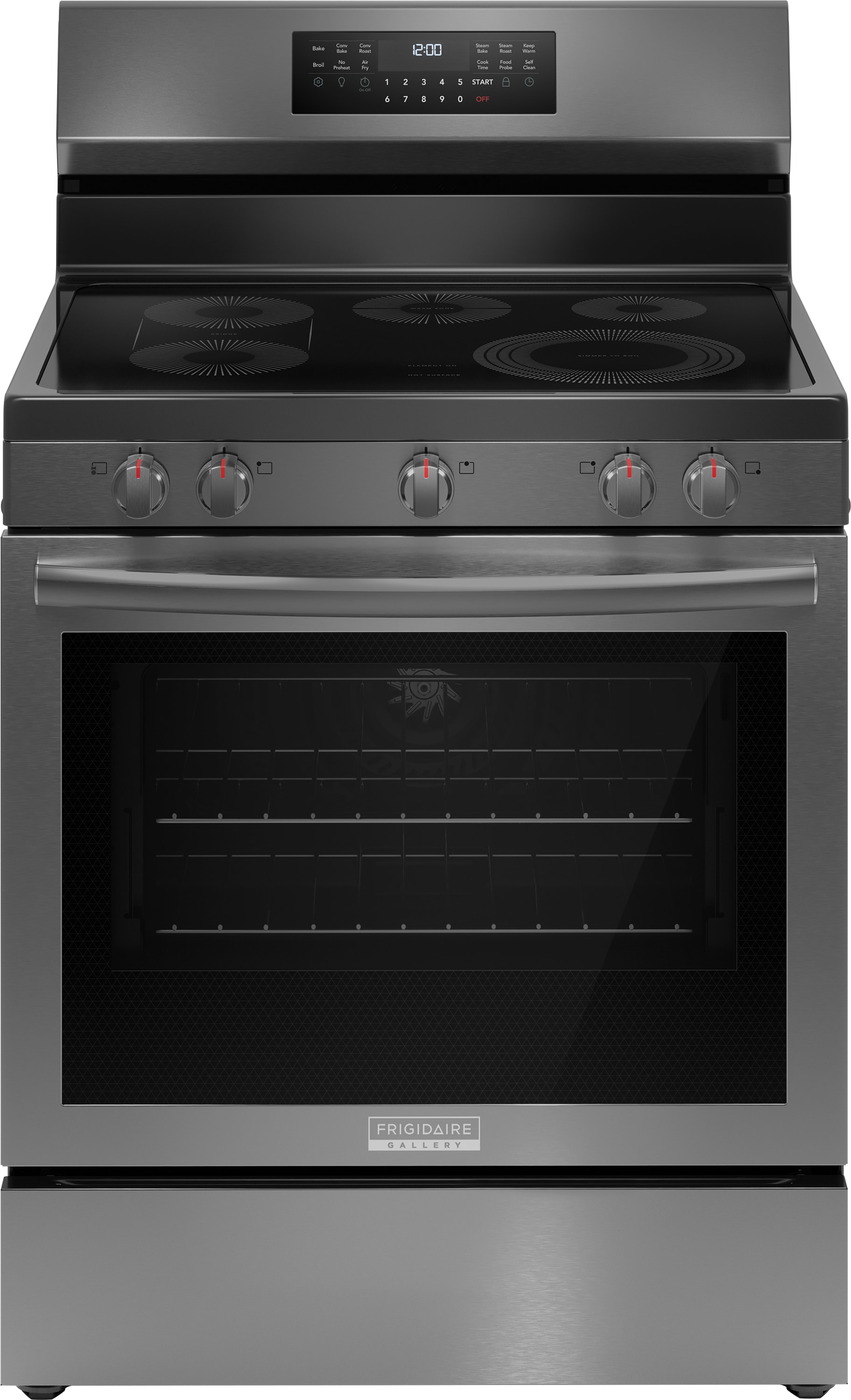 Estufa Eléctrica Independiente de 30 pulgadas con Tapa de Vidrio, 5 quemadores, Horno de Convección con Freidora de Aire de 5.3 pies cúbicos, Acabado de Acero Inoxidable Negro Anti-Huellas - Frigidaire Gallery