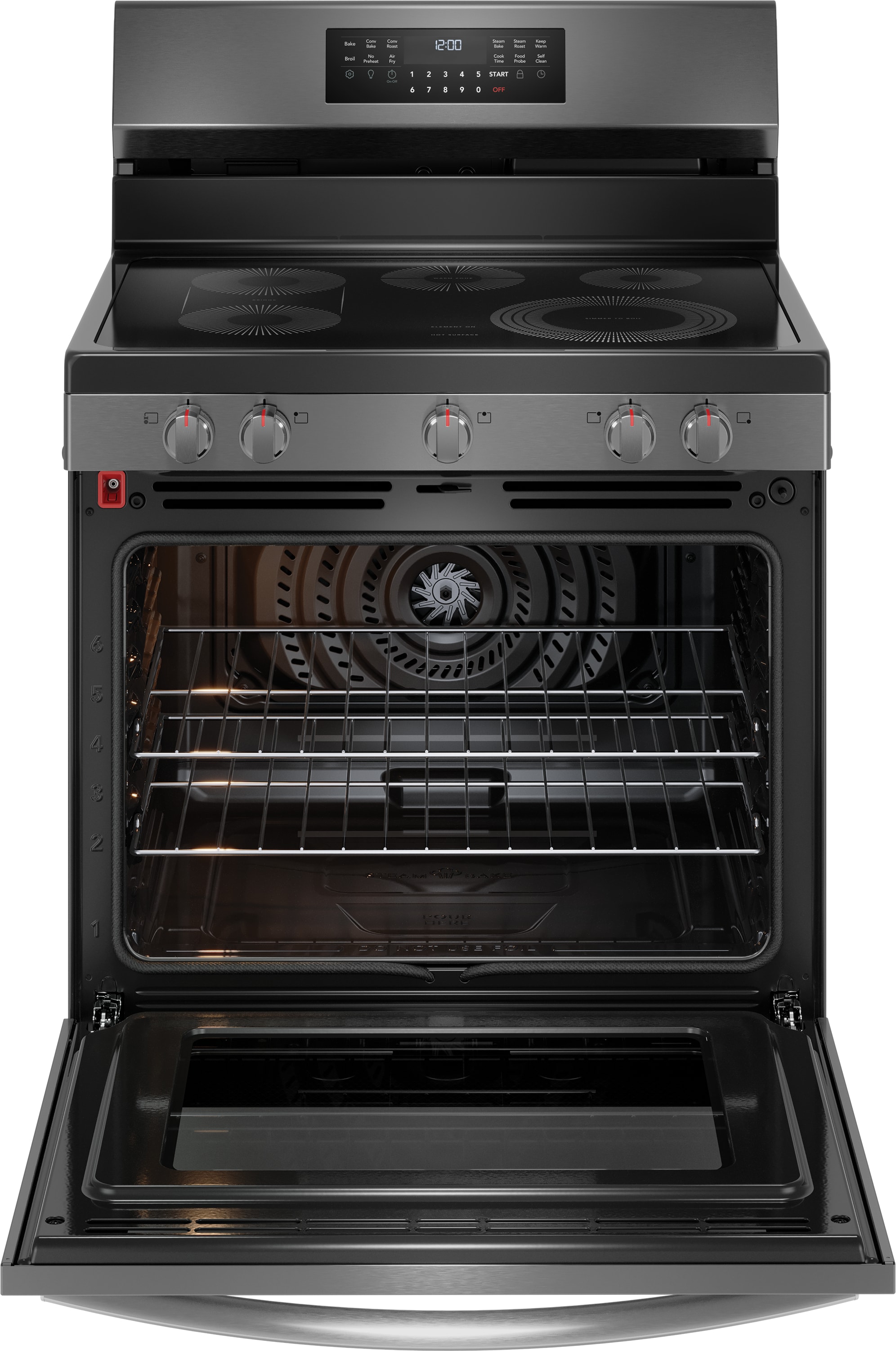 Estufa Eléctrica Independiente de 30 pulgadas con Tapa de Vidrio, 5 quemadores, Horno de Convección con Freidora de Aire de 5.3 pies cúbicos, Acabado de Acero Inoxidable Negro Anti-Huellas - Frigidaire Gallery