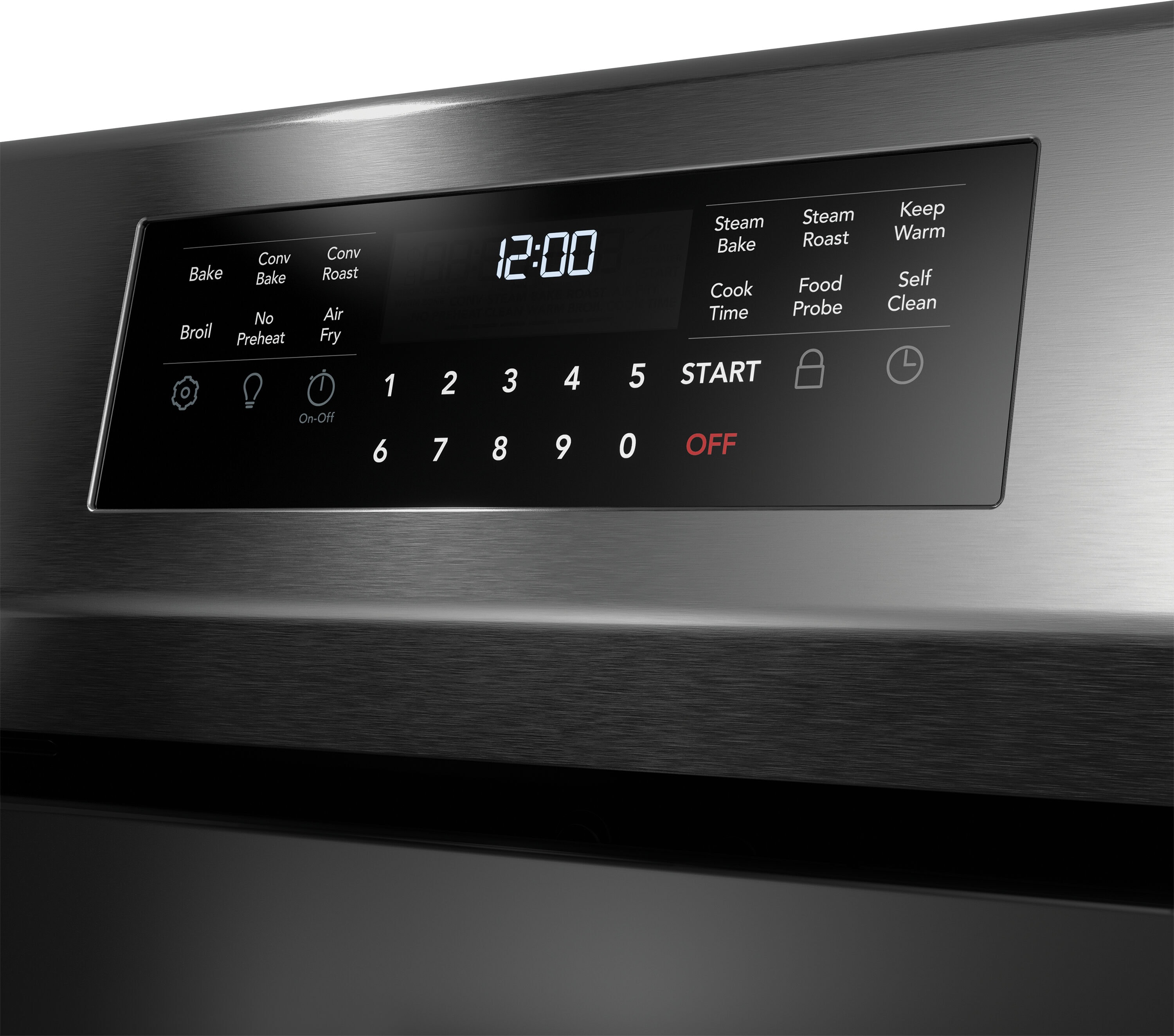 Estufa Eléctrica Independiente de 30 pulgadas con Tapa de Vidrio, 5 quemadores, Horno de Convección con Freidora de Aire de 5.3 pies cúbicos, Acabado de Acero Inoxidable Negro Anti-Huellas - Frigidaire Gallery