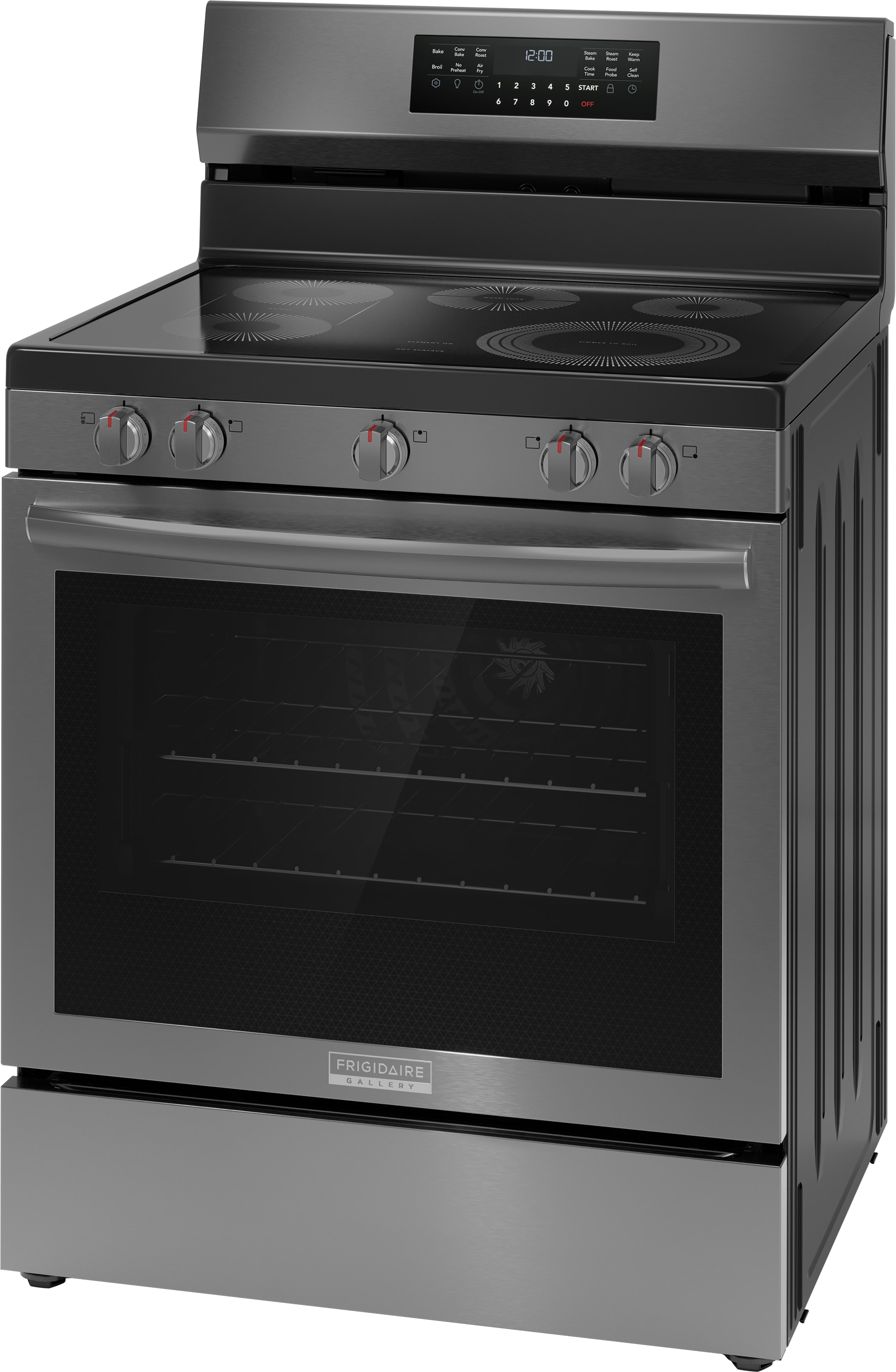 Estufa Eléctrica Independiente de 30 pulgadas con Tapa de Vidrio, 5 quemadores, Horno de Convección con Freidora de Aire de 5.3 pies cúbicos, Acabado de Acero Inoxidable Negro Anti-Huellas - Frigidaire Gallery