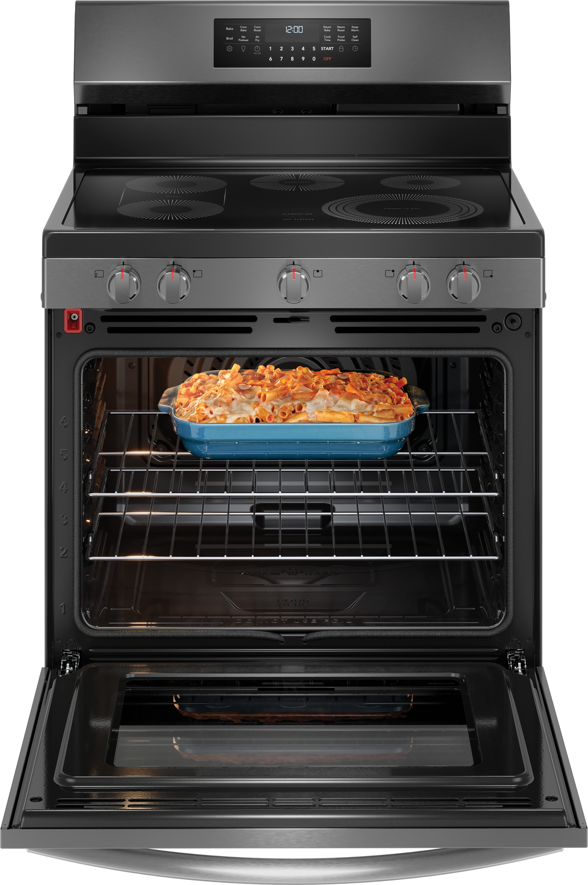Estufa Eléctrica Independiente de 30 pulgadas con Tapa de Vidrio, 5 quemadores, Horno de Convección con Freidora de Aire de 5.3 pies cúbicos, Acabado de Acero Inoxidable Negro Anti-Huellas - Frigidaire Gallery