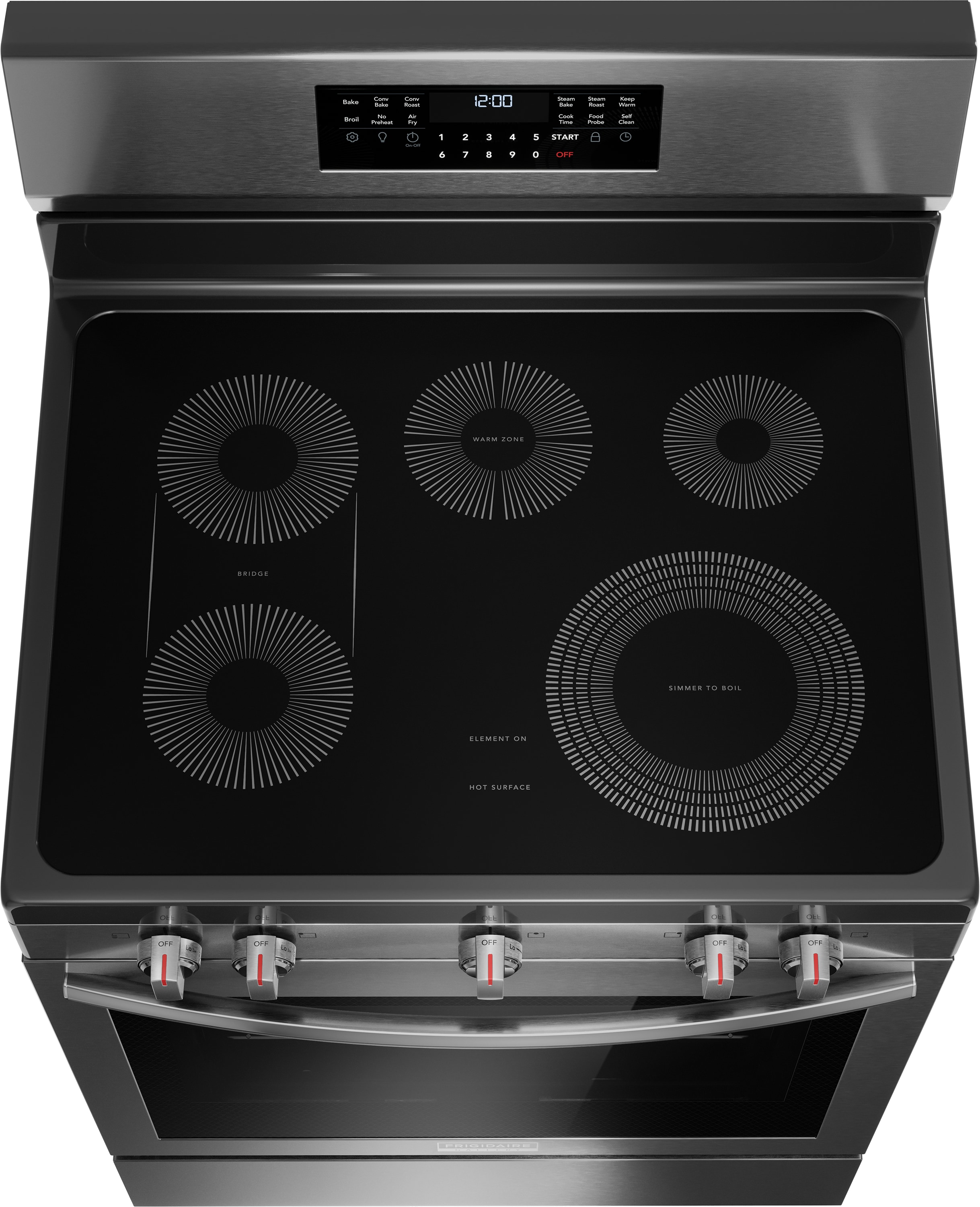 Estufa Eléctrica Independiente de 30 pulgadas con Tapa de Vidrio, 5 quemadores, Horno de Convección con Freidora de Aire de 5.3 pies cúbicos, Acabado de Acero Inoxidable Negro Anti-Huellas - Frigidaire Gallery