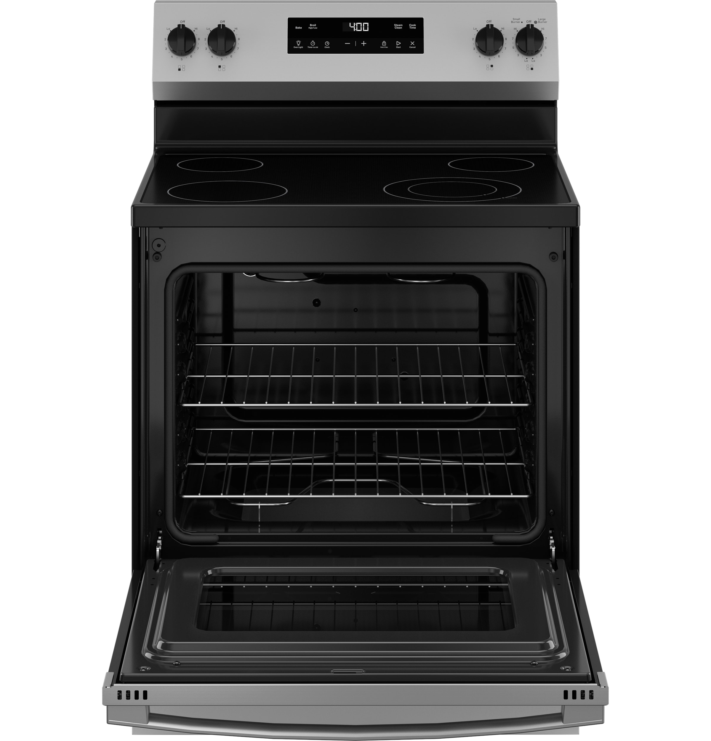 Estufa eléctrica independiente con superficie de vidrio de 30 pulgadas y 4 quemadores, 5.3 pies cúbicos (Acero Inoxidable) GRF400SVSS