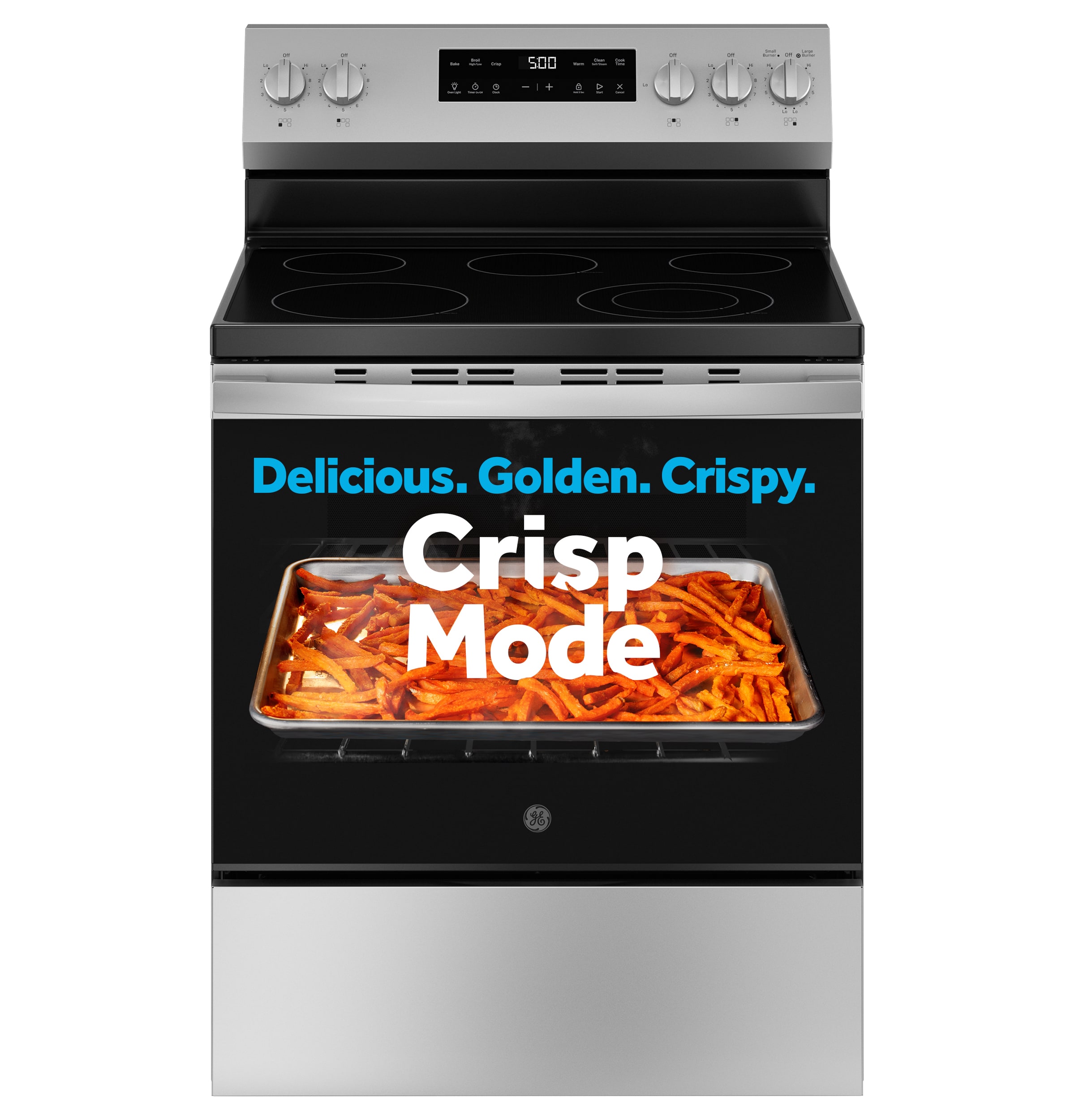 Estufa eléctrica independiente de 5 quemadores y 5.3 pies cúbicos con modo Crisp Mode y cubierta de vidrio de 30 pulgadas (Acero inoxidable)