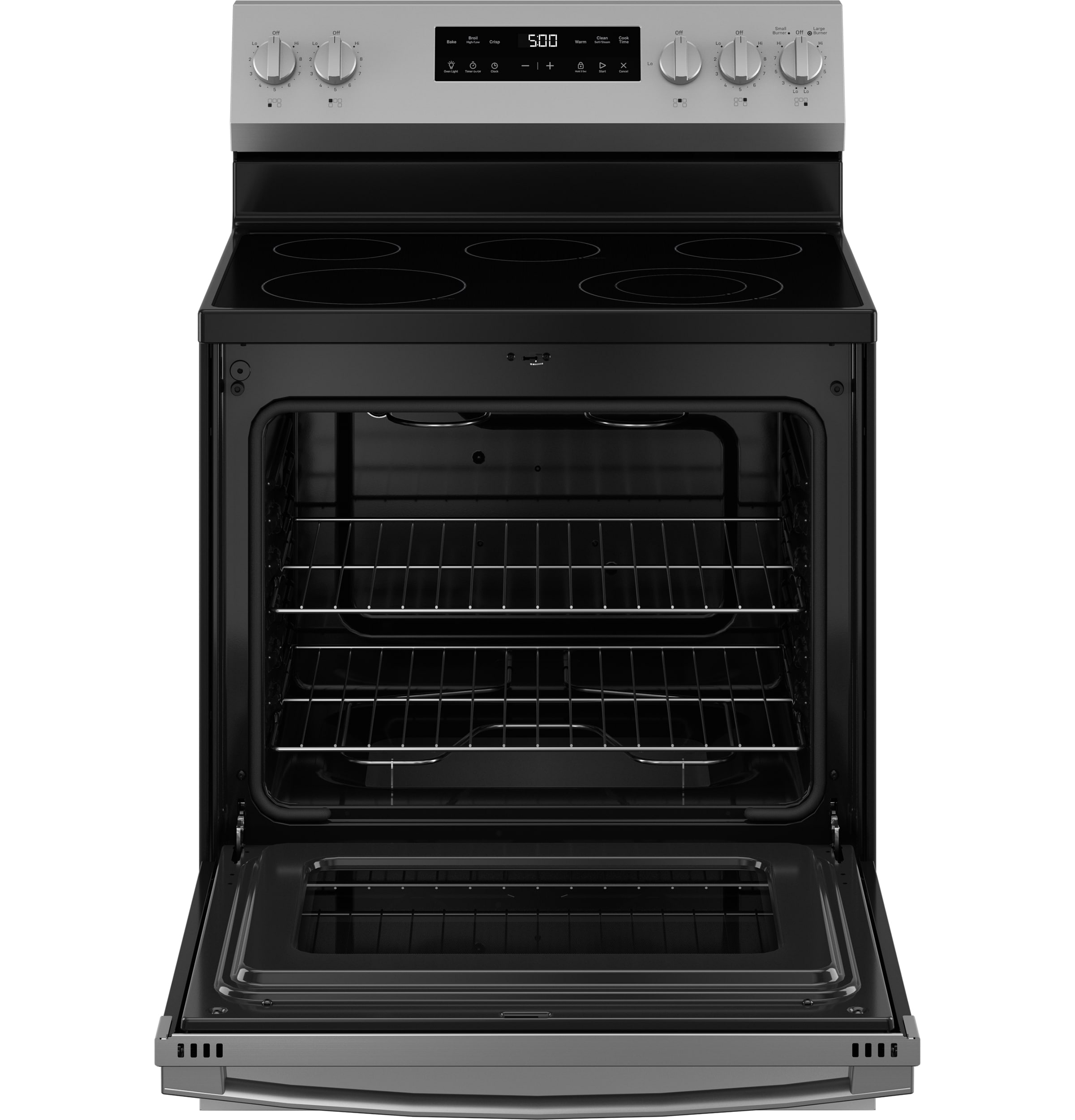 Estufa eléctrica independiente de 5 quemadores y 5.3 pies cúbicos con modo Crisp Mode y cubierta de vidrio de 30 pulgadas (Acero inoxidable)