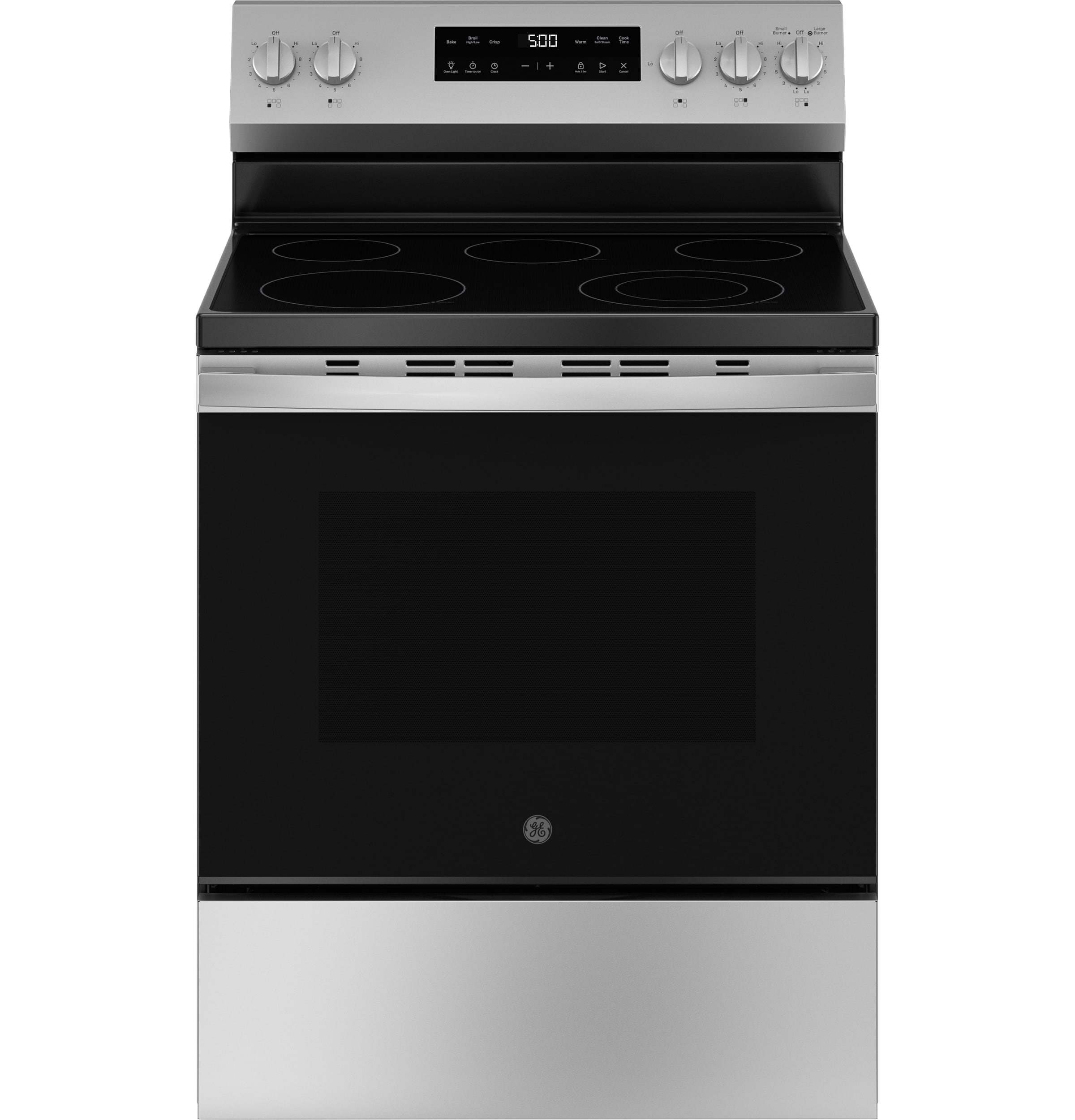 Estufa eléctrica independiente de 5 quemadores y 5.3 pies cúbicos con modo Crisp Mode y cubierta de vidrio de 30 pulgadas (Acero inoxidable)