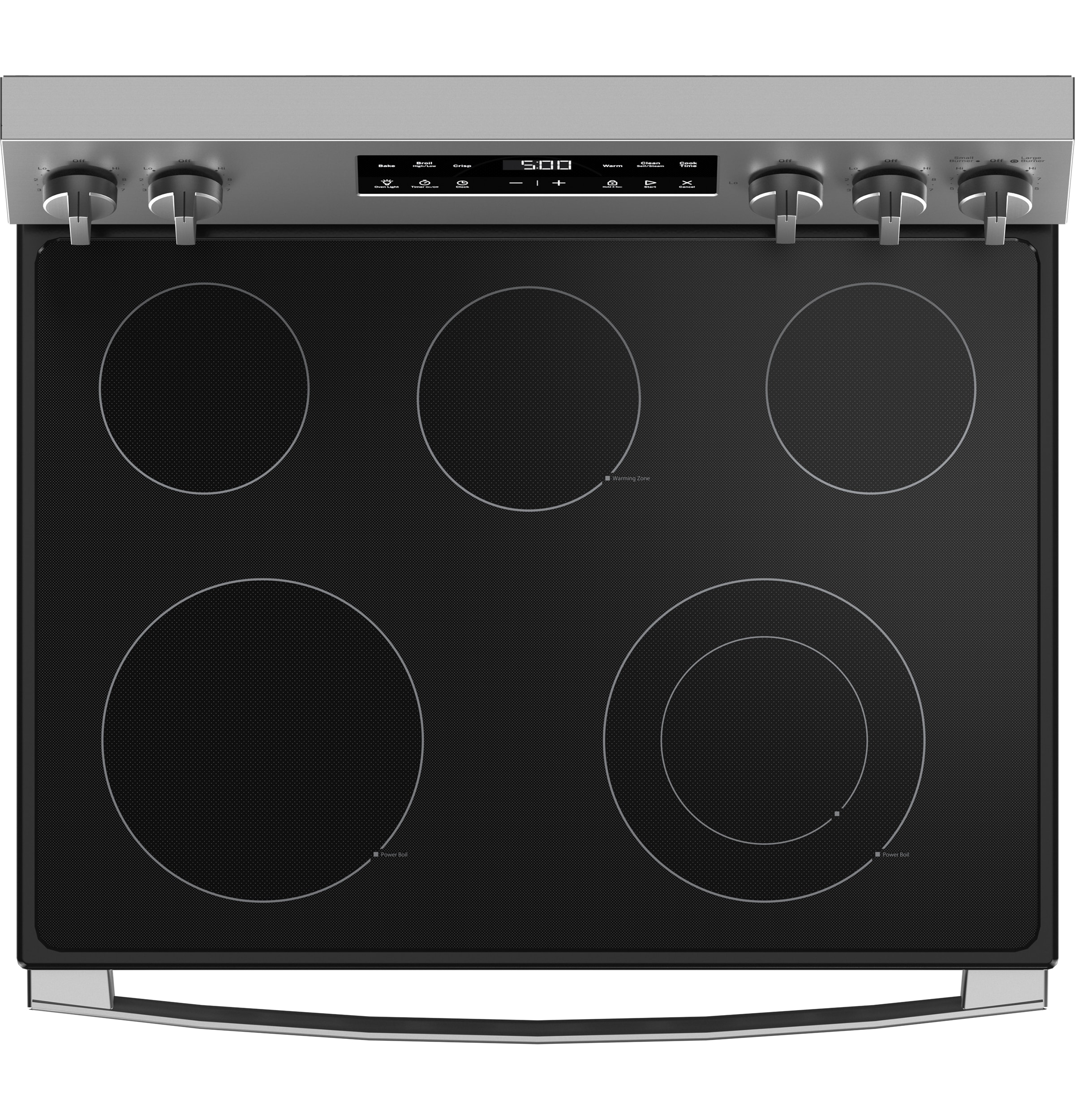 Estufa eléctrica independiente de 5 quemadores y 5.3 pies cúbicos con modo Crisp Mode y cubierta de vidrio de 30 pulgadas (Acero inoxidable)