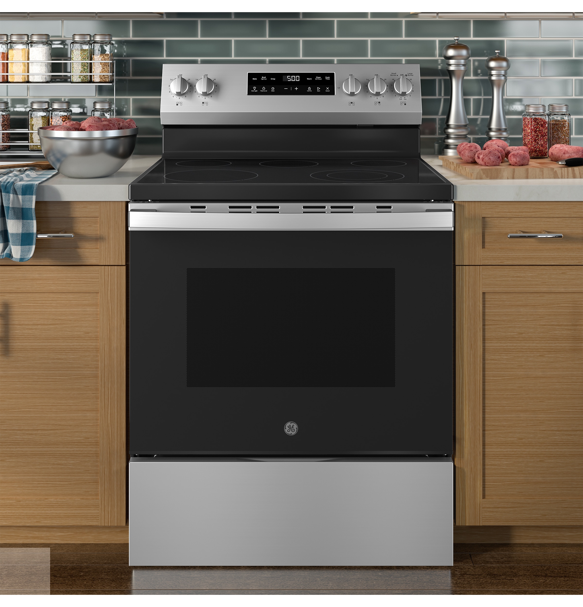 Estufa eléctrica independiente de 5 quemadores y 5.3 pies cúbicos con modo Crisp Mode y cubierta de vidrio de 30 pulgadas (Acero inoxidable)