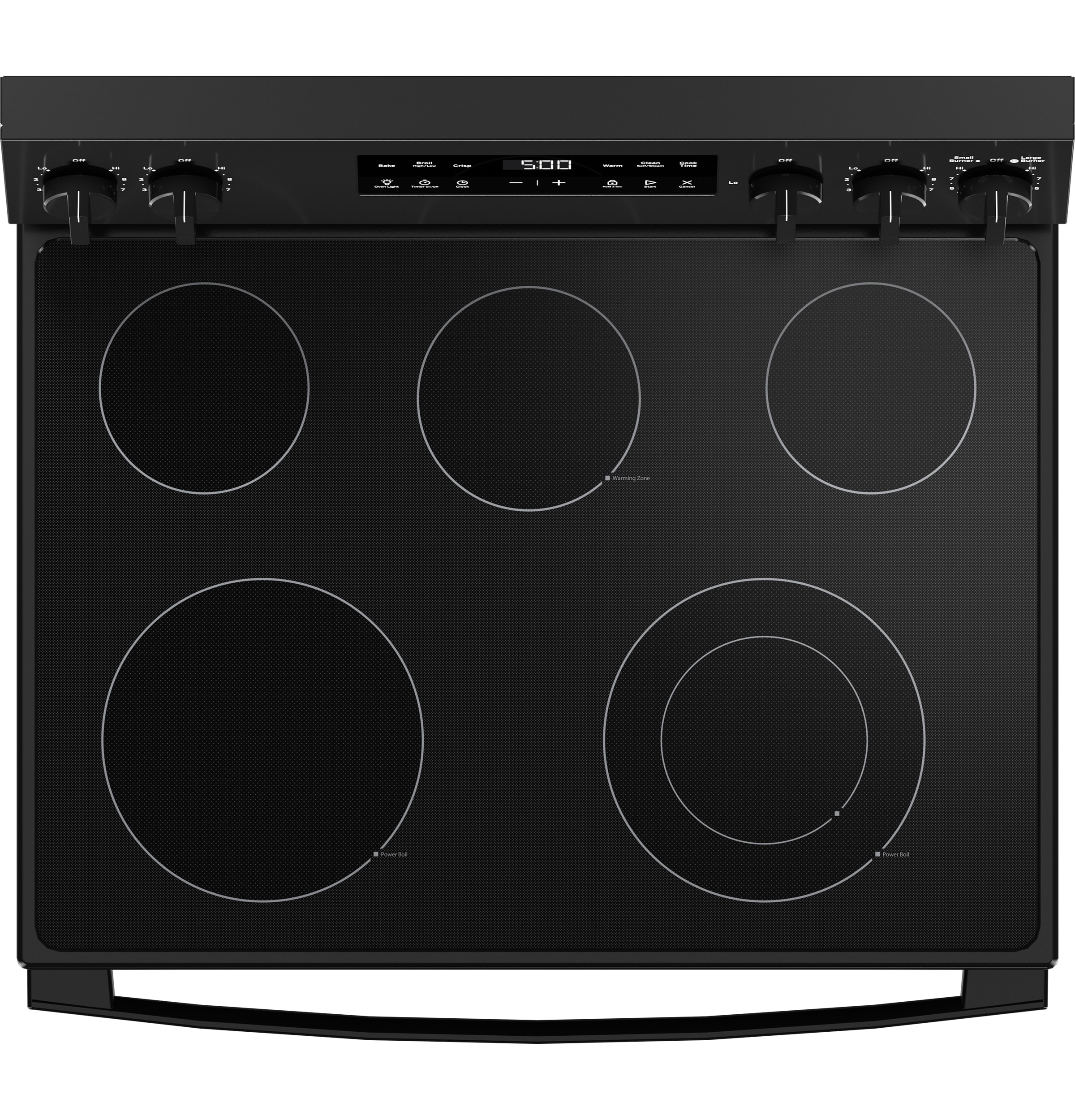 Estufa eléctrica independiente de vidrio de 30 pulgadas con 5 quemadores y modo Crisp de GE (Negro)