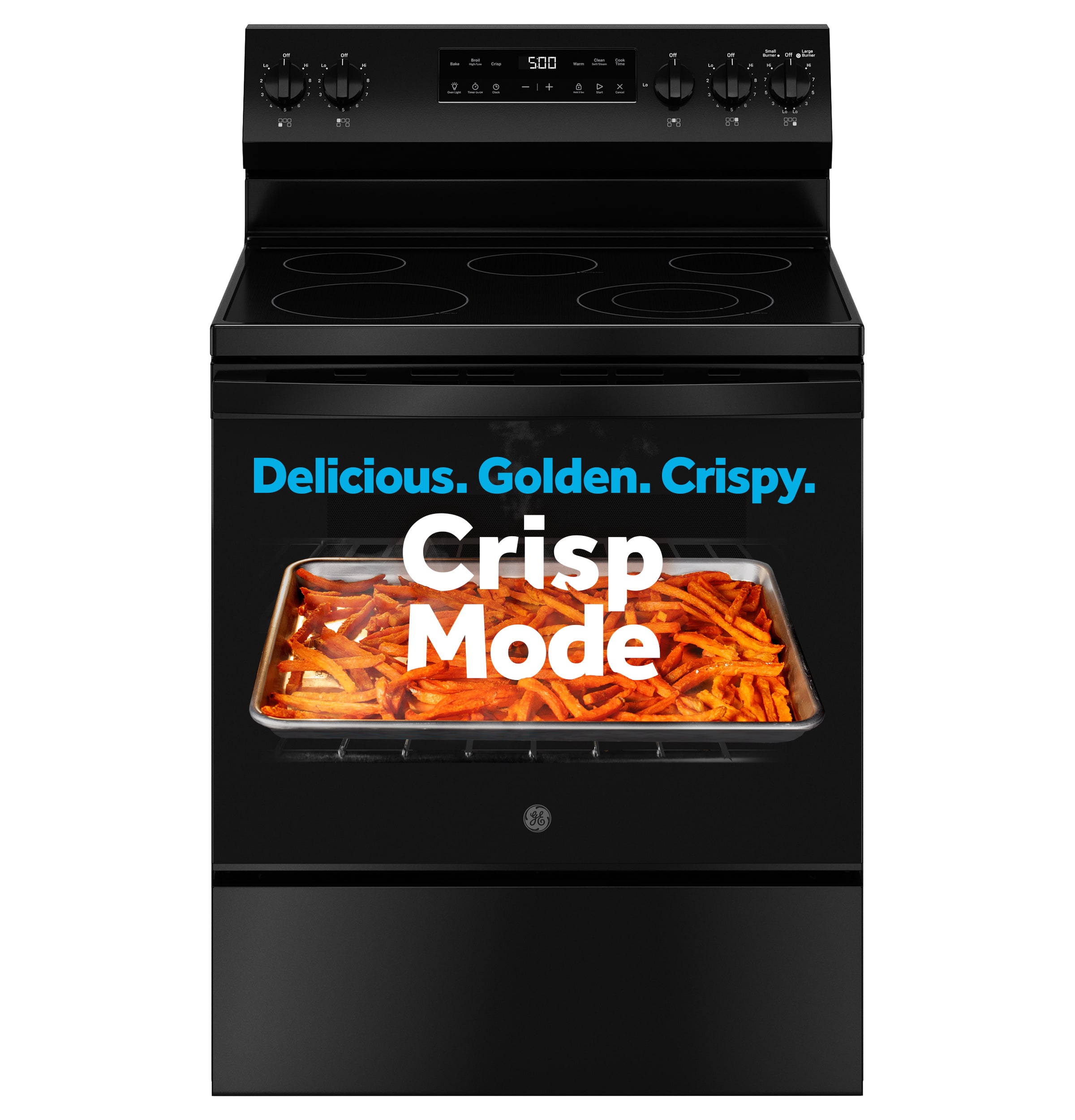 Estufa eléctrica independiente de vidrio de 30 pulgadas con 5 quemadores y modo Crisp de GE (Negro)