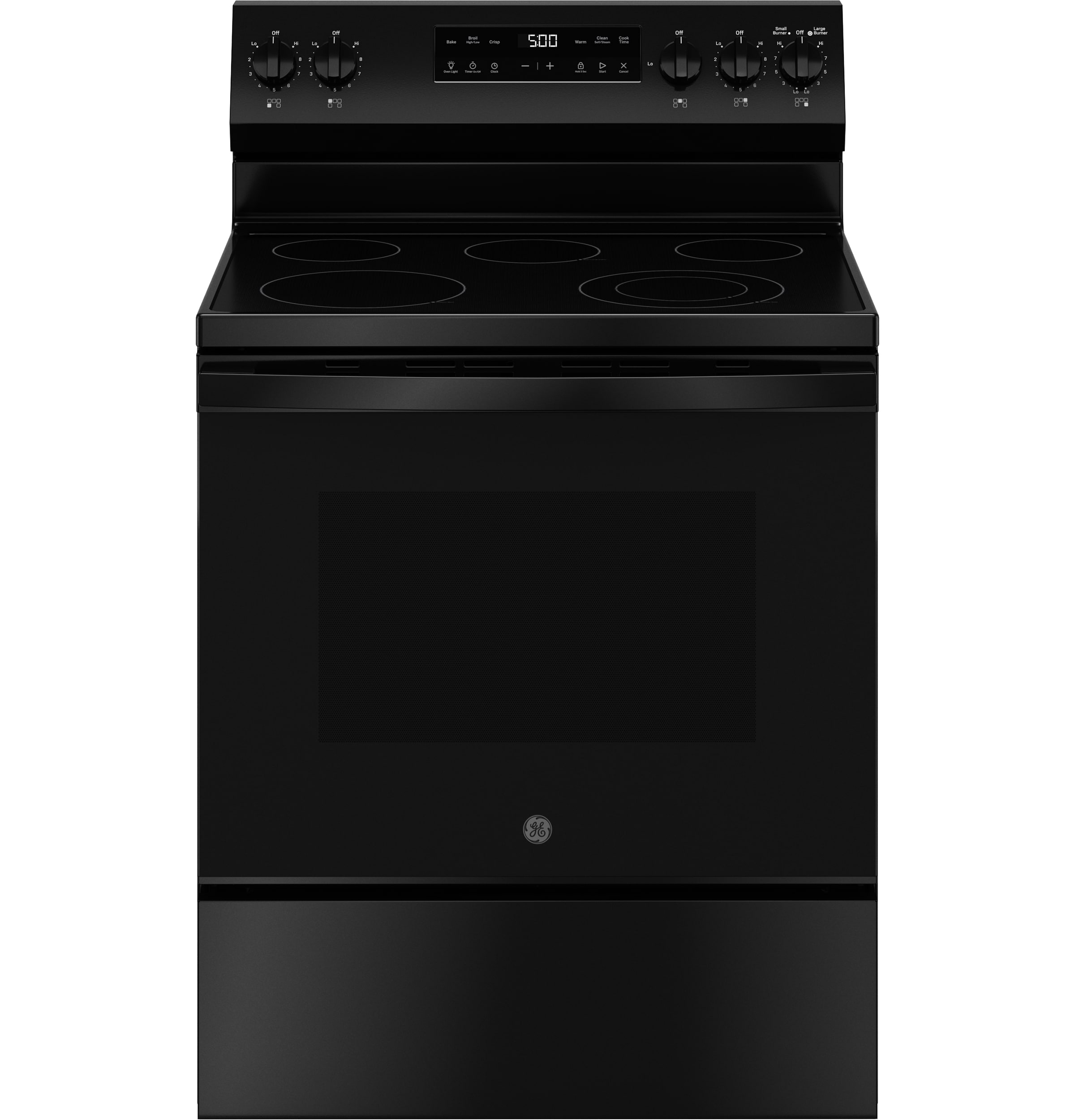 Estufa eléctrica independiente de vidrio de 30 pulgadas con 5 quemadores y modo Crisp de GE (Negro)