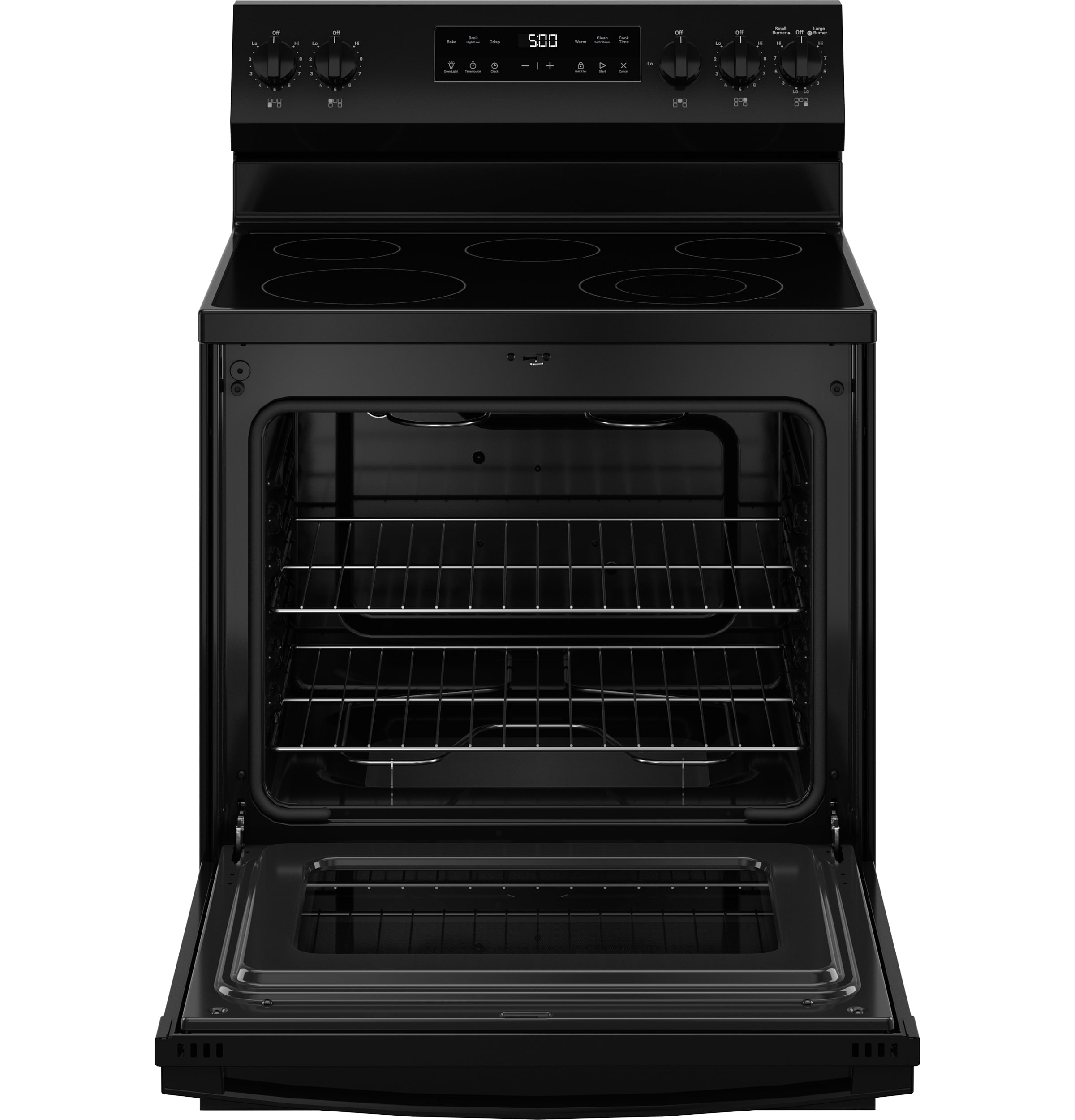 Estufa eléctrica independiente de vidrio de 30 pulgadas con 5 quemadores y modo Crisp de GE (Negro)