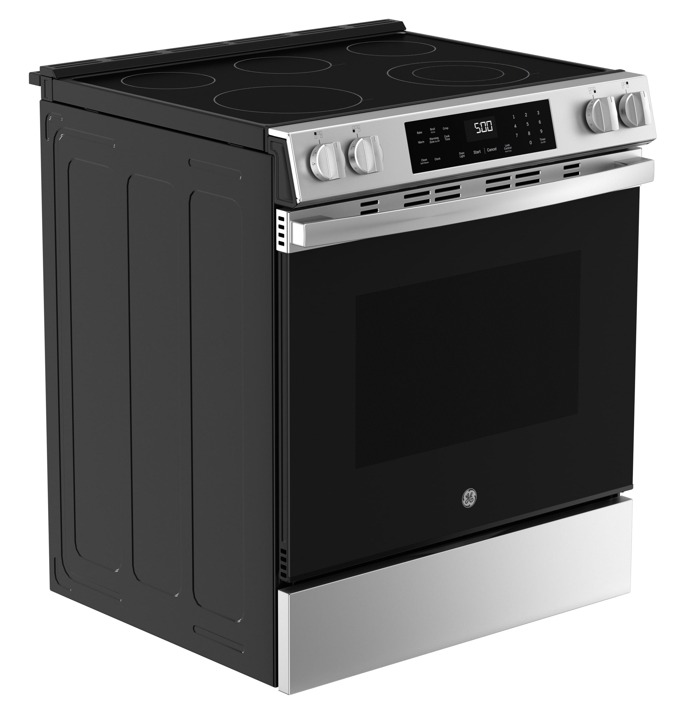 Estufa eléctrica de empotrar con 5 quemadores y modo Crisp Mode de GE de 30 pulgadas, cubierta de vidrio y 5.3 pies cúbicos de capacidad (acero inoxidable)
