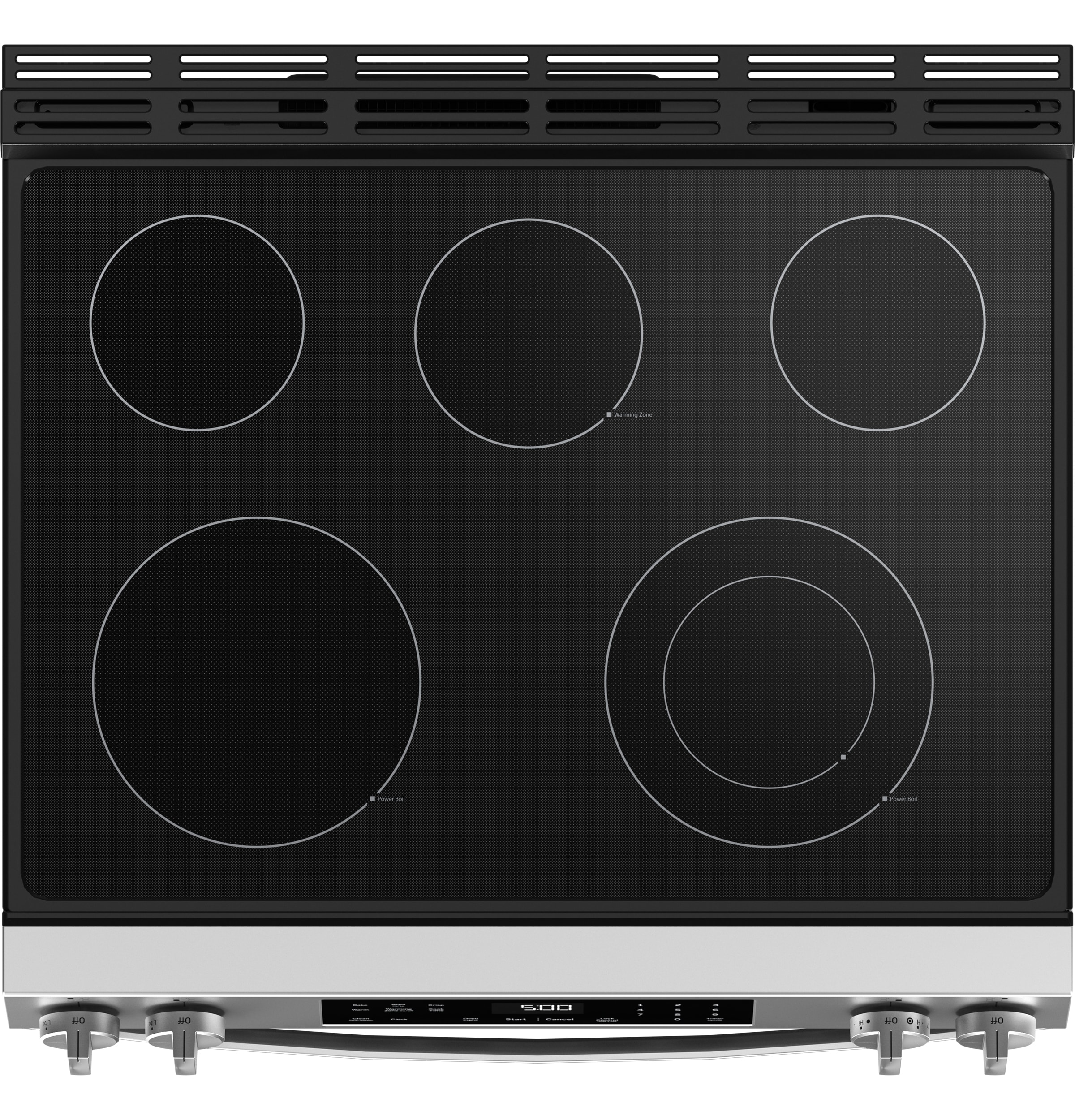 Estufa eléctrica de empotrar con 5 quemadores y modo Crisp Mode de GE de 30 pulgadas, cubierta de vidrio y 5.3 pies cúbicos de capacidad (acero inoxidable)