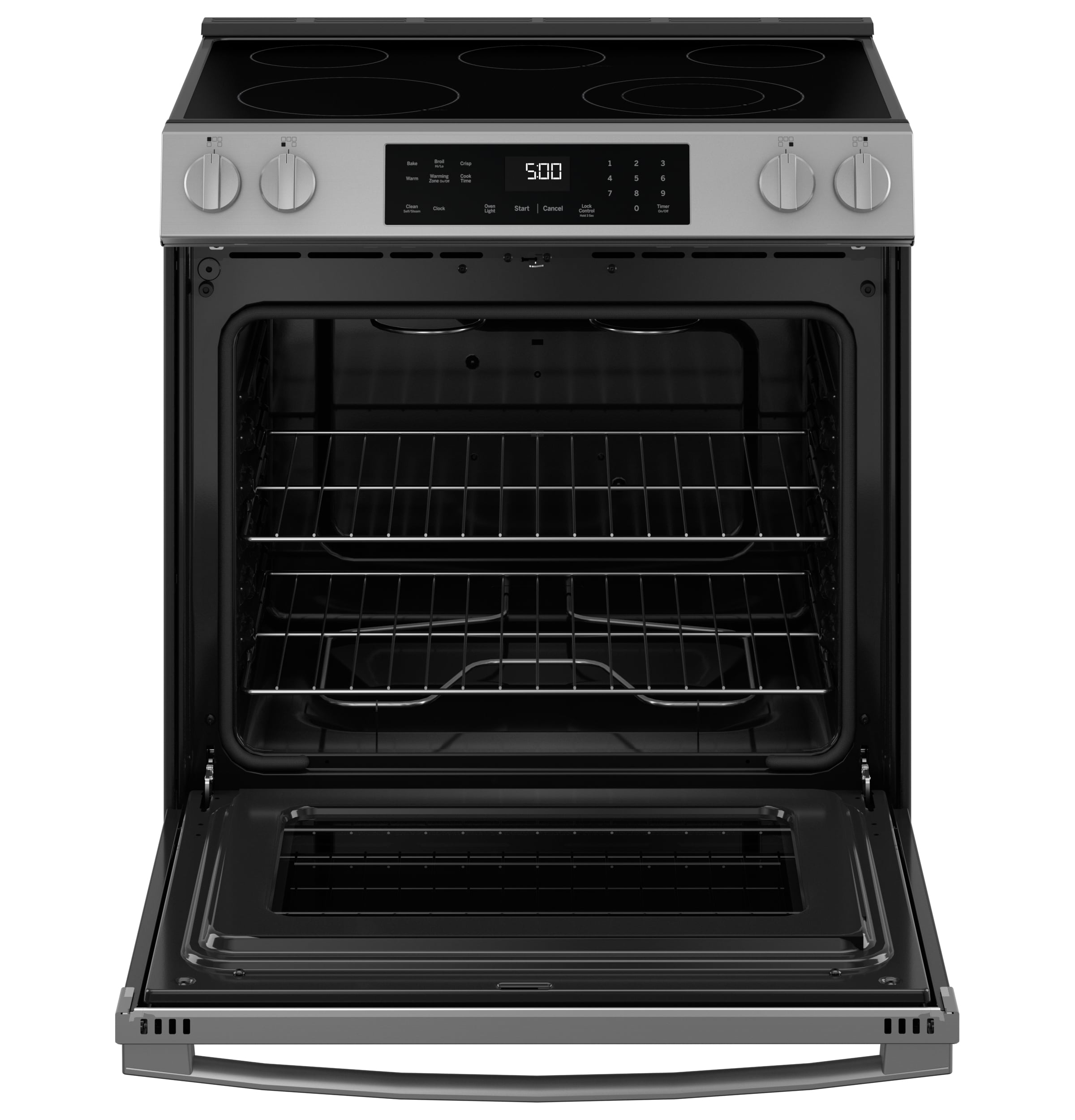 Estufa eléctrica de empotrar con 5 quemadores y modo Crisp Mode de GE de 30 pulgadas, cubierta de vidrio y 5.3 pies cúbicos de capacidad (acero inoxidable)