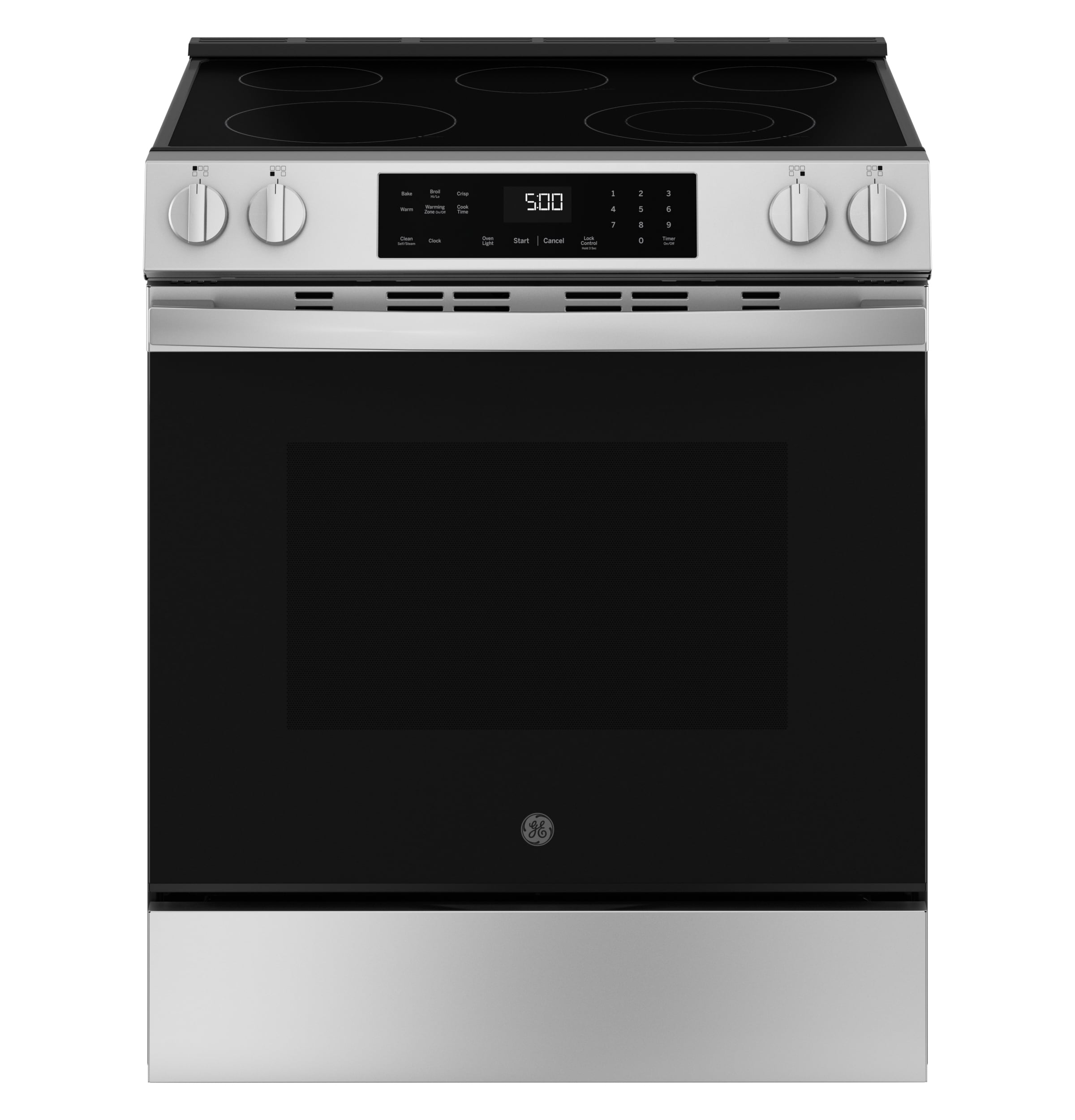 Estufa eléctrica de empotrar con 5 quemadores y modo Crisp Mode de GE de 30 pulgadas, cubierta de vidrio y 5.3 pies cúbicos de capacidad (acero inoxidable)