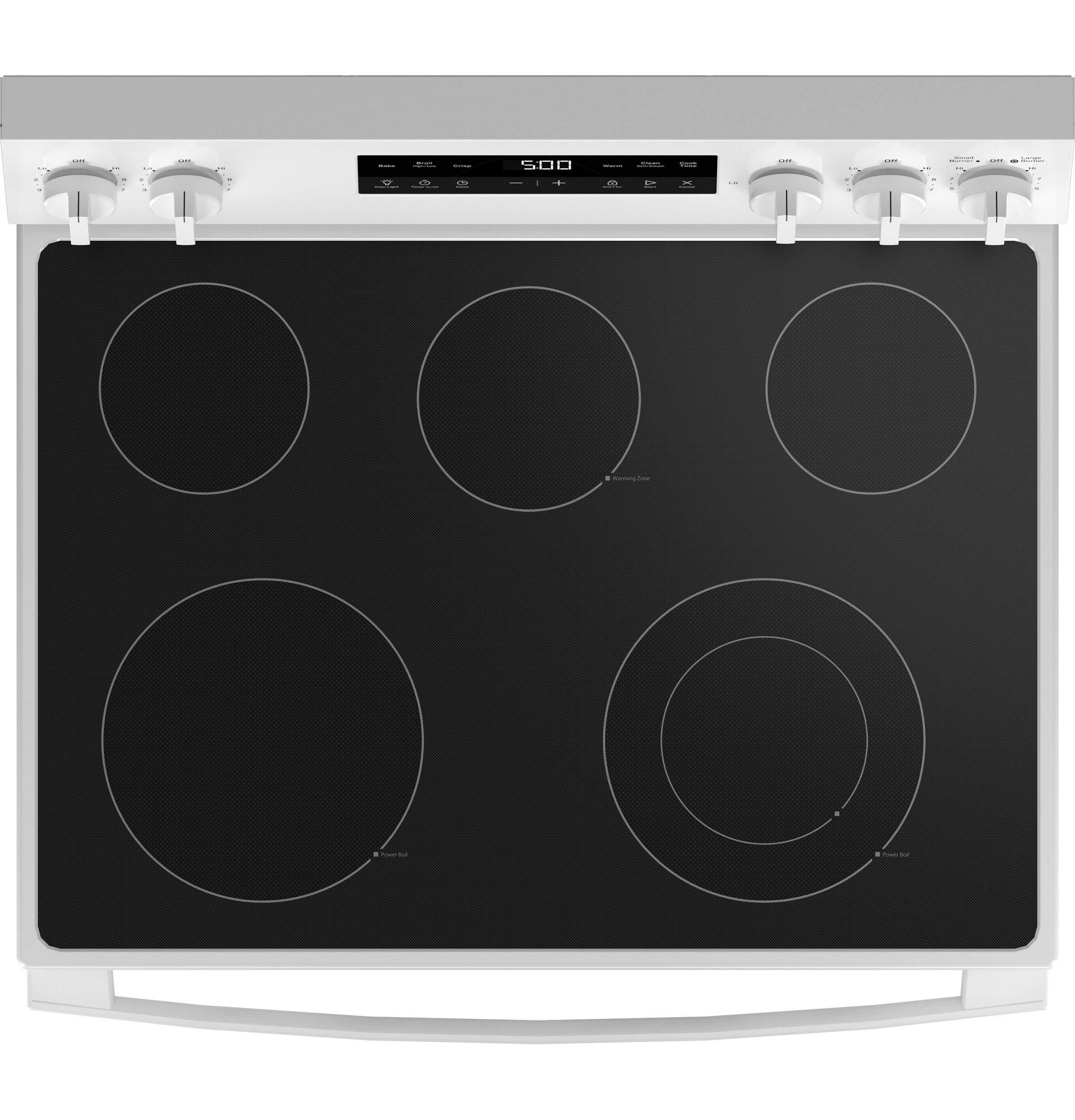Estufa eléctrica independiente de vidrio con 5 quemadores y modo Crisp de 30 pulgadas (Blanca) de 5.3 pies cúbicos
