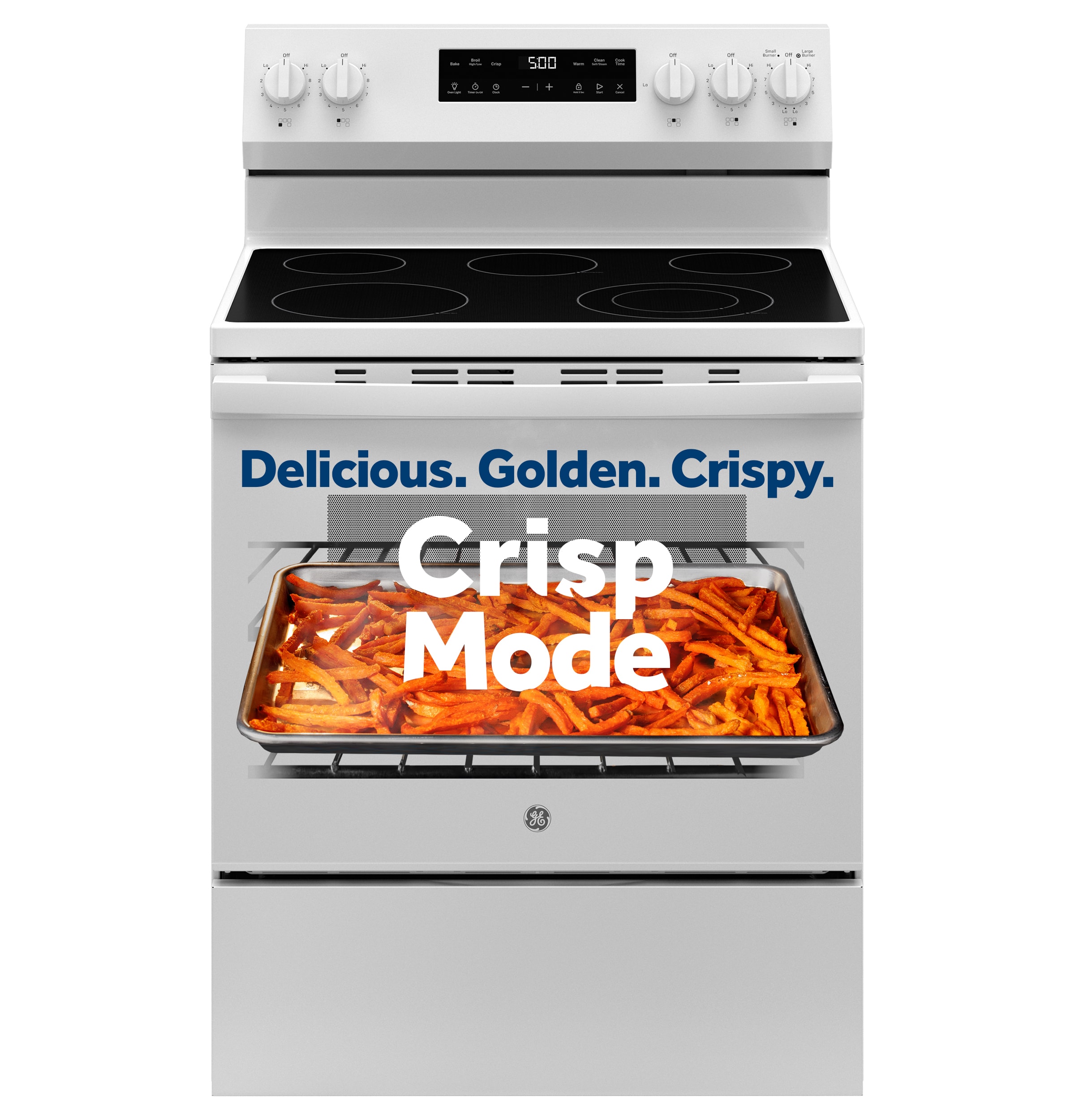 Estufa eléctrica independiente de vidrio con 5 quemadores y modo Crisp de 30 pulgadas (Blanca) de 5.3 pies cúbicos