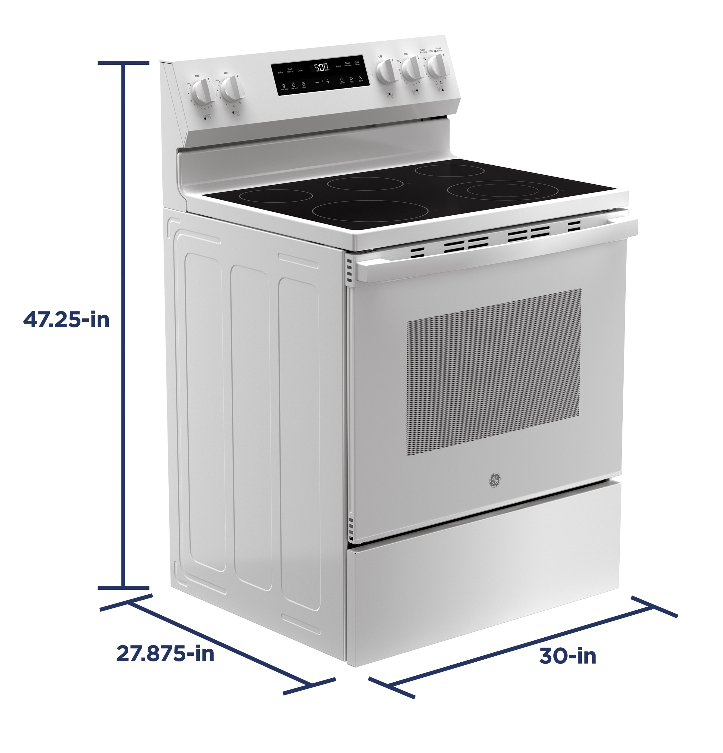 Estufa eléctrica independiente de vidrio con 5 quemadores y modo Crisp de 30 pulgadas (Blanca) de 5.3 pies cúbicos