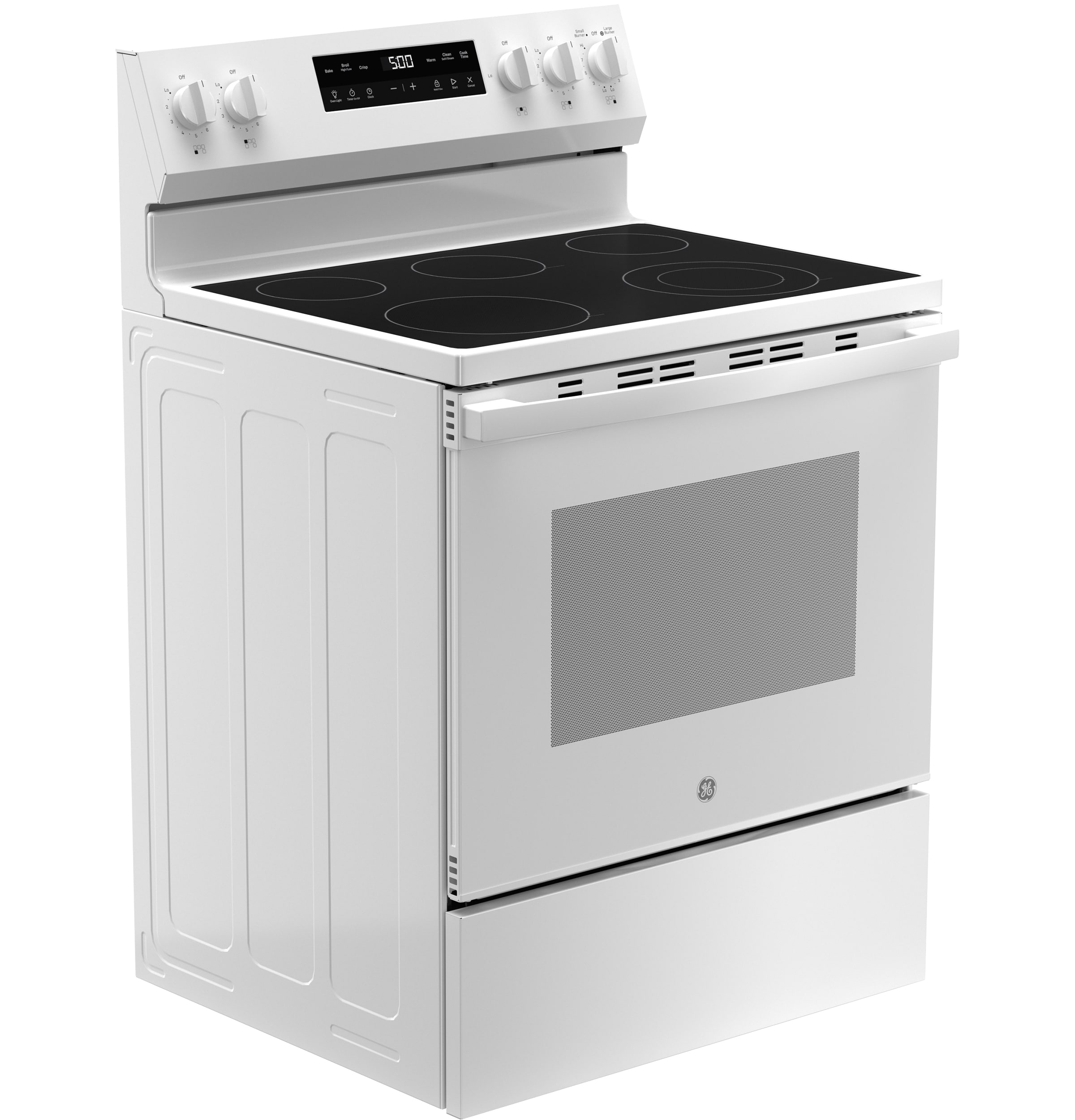 Estufa eléctrica independiente de vidrio con 5 quemadores y modo Crisp de 30 pulgadas (Blanca) de 5.3 pies cúbicos