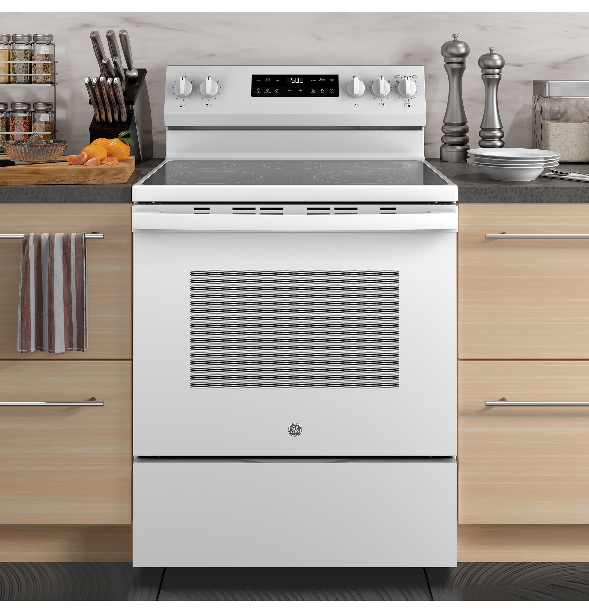 Estufa eléctrica independiente de vidrio con 5 quemadores y modo Crisp de 30 pulgadas (Blanca) de 5.3 pies cúbicos