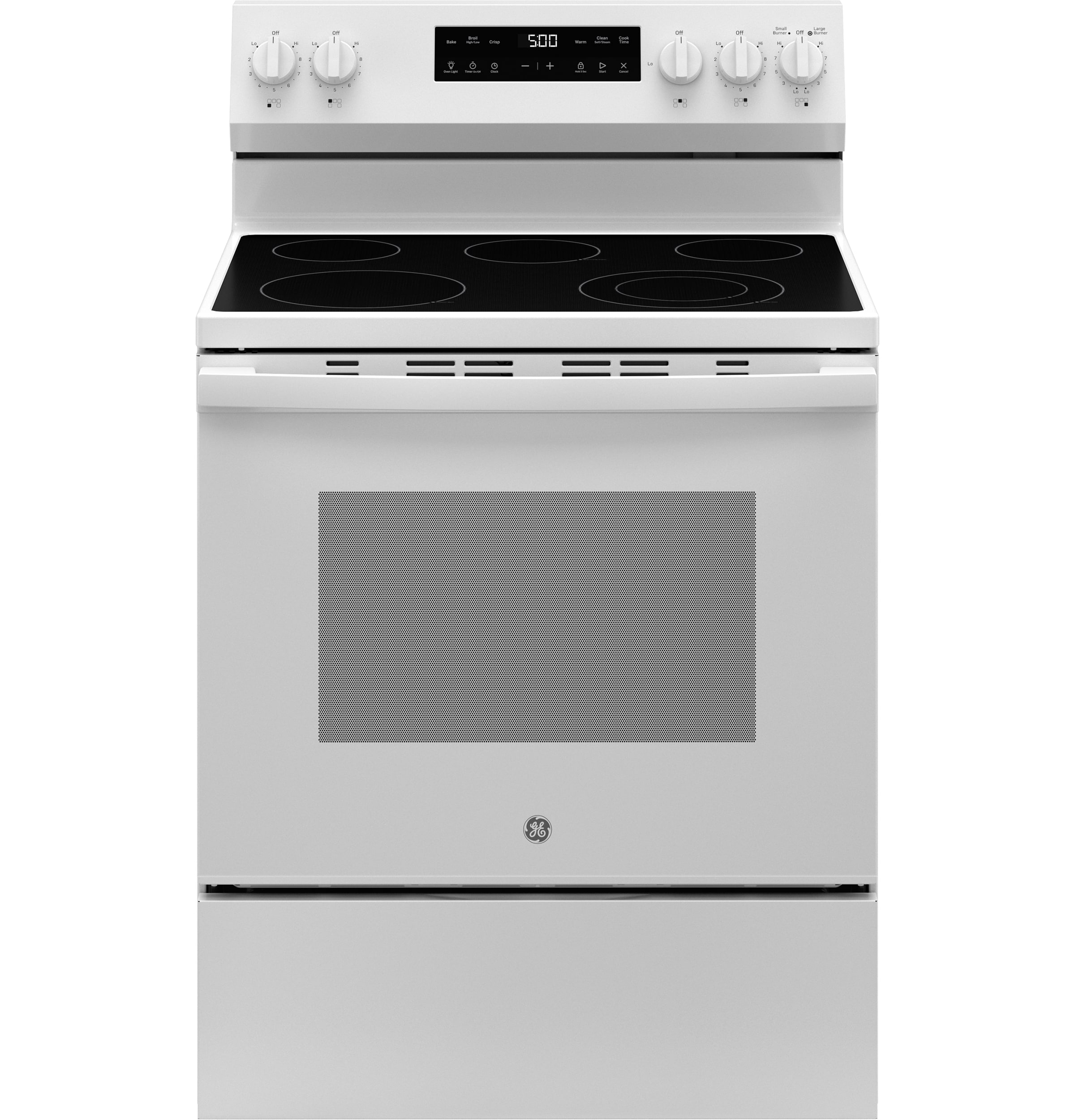 Estufa eléctrica independiente de vidrio con 5 quemadores y modo Crisp de 30 pulgadas (Blanca) de 5.3 pies cúbicos