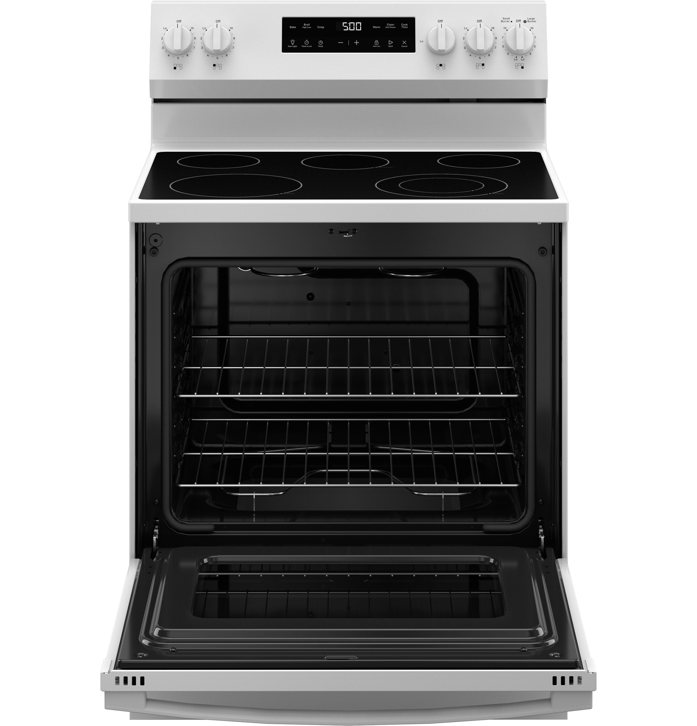 Estufa eléctrica independiente de vidrio con 5 quemadores y modo Crisp de 30 pulgadas (Blanca) de 5.3 pies cúbicos
