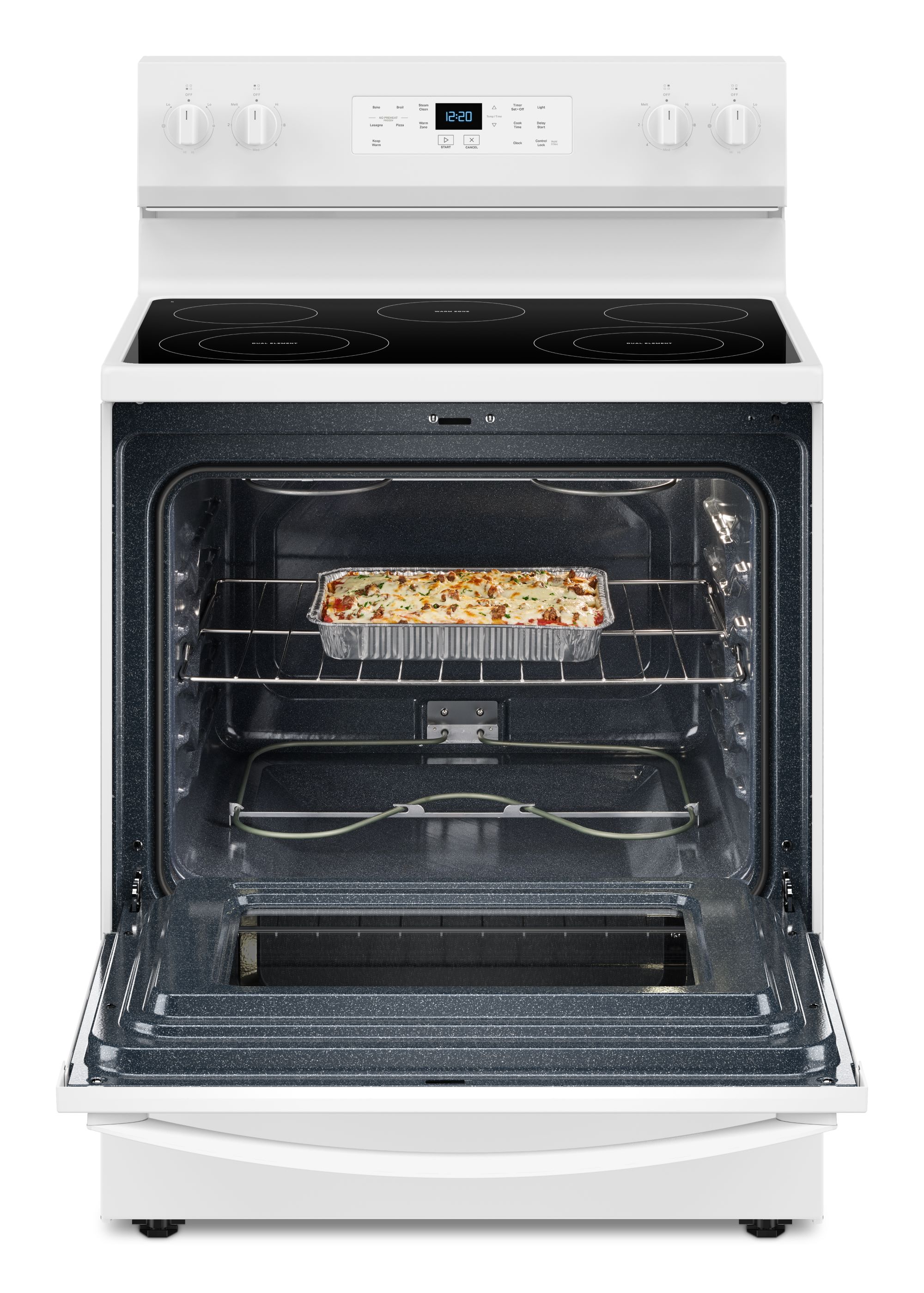 Estufa eléctrica independiente con cubierta de cristal de 30 pulgadas, 5 quemadores y horno de 5.3 pies cúbicos (Blanca) de Whirlpool.