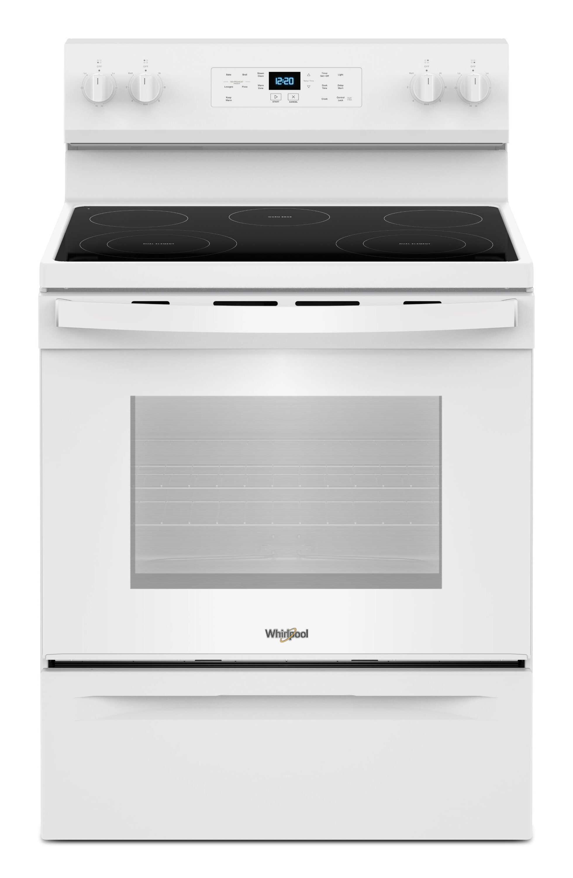 Estufa eléctrica independiente con cubierta de cristal de 30 pulgadas, 5 quemadores y horno de 5.3 pies cúbicos (Blanca) de Whirlpool.