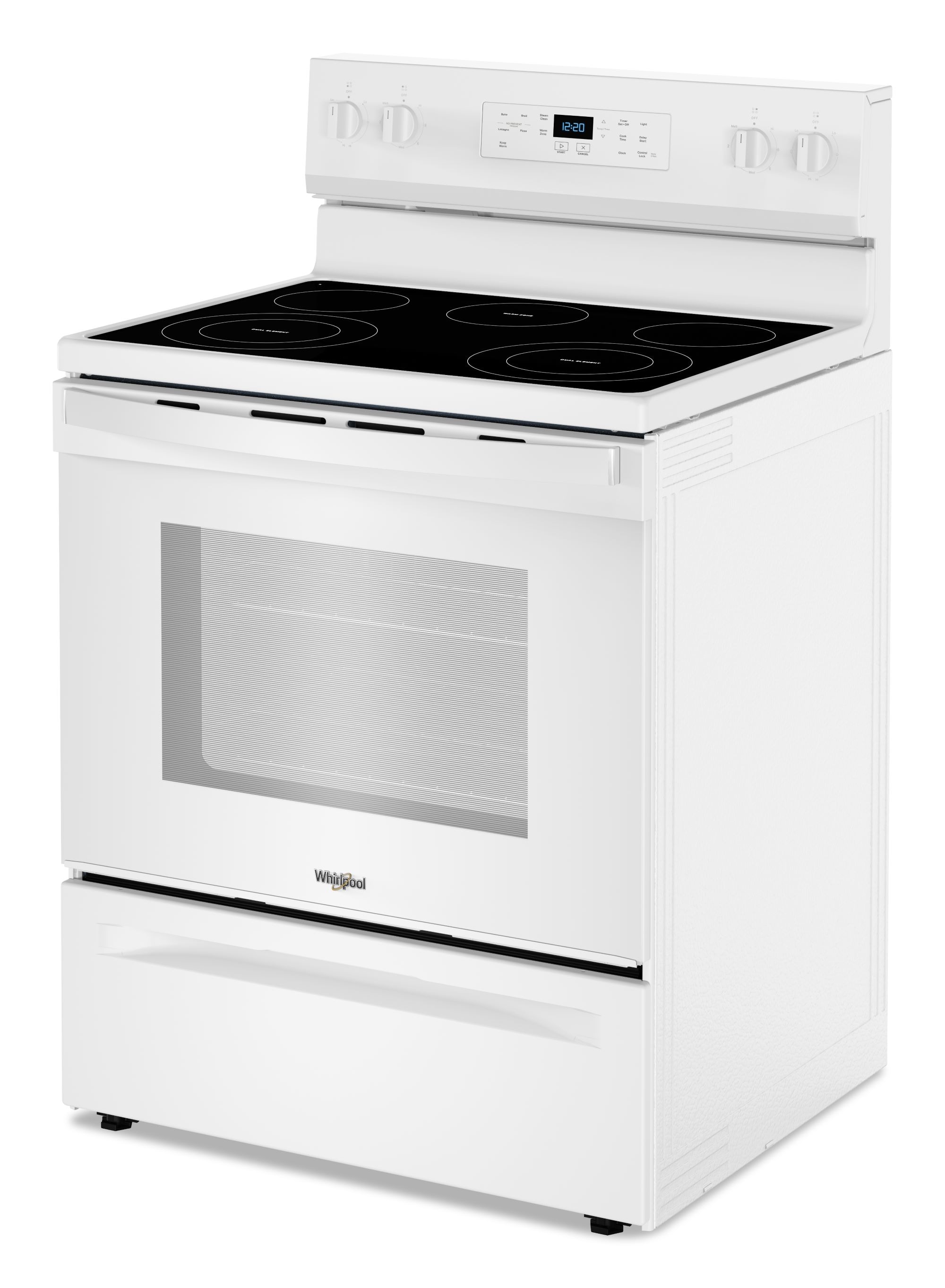 Estufa eléctrica independiente con cubierta de cristal de 30 pulgadas, 5 quemadores y horno de 5.3 pies cúbicos (Blanca) de Whirlpool.
