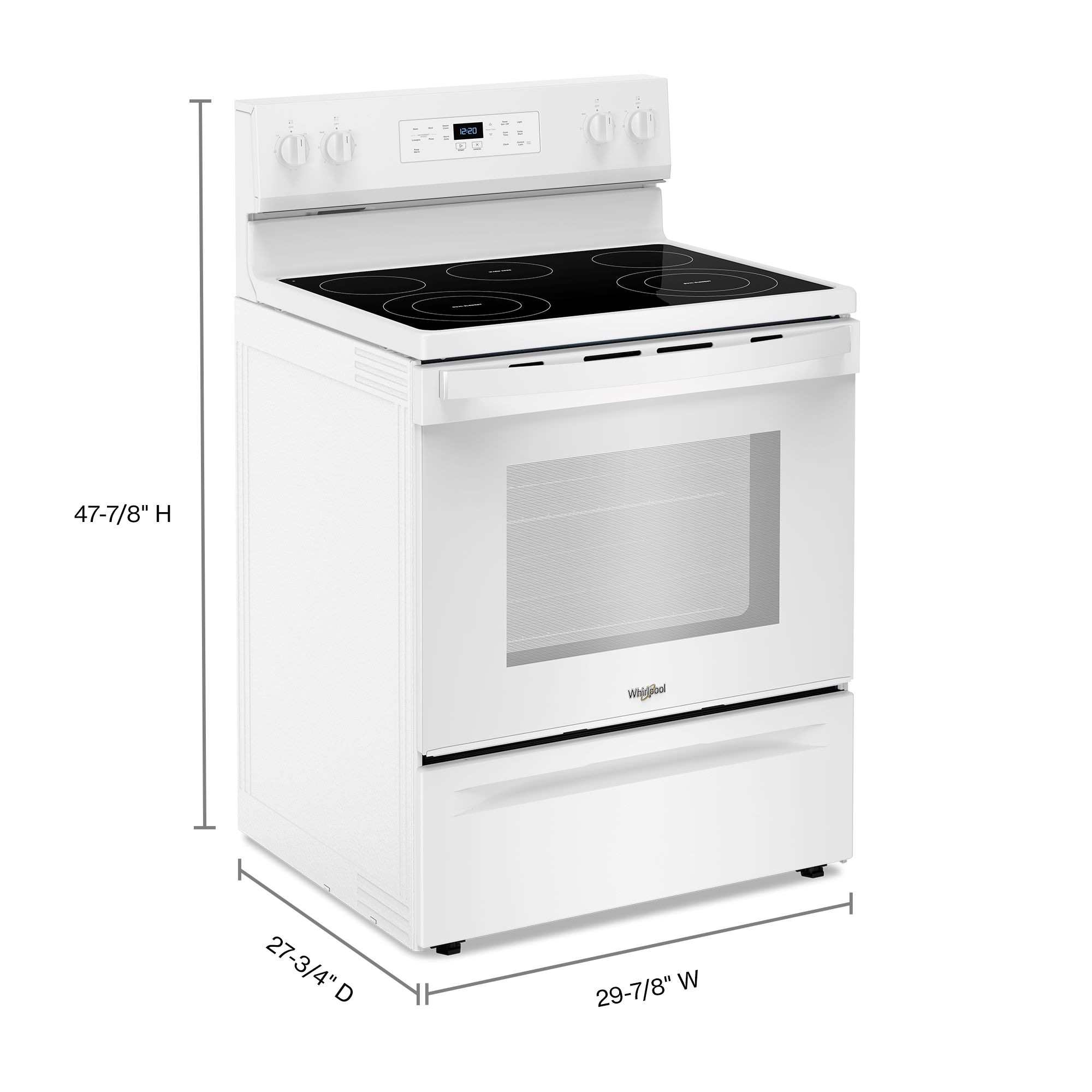 Estufa eléctrica independiente con cubierta de cristal de 30 pulgadas, 5 quemadores y horno de 5.3 pies cúbicos (Blanca) de Whirlpool.